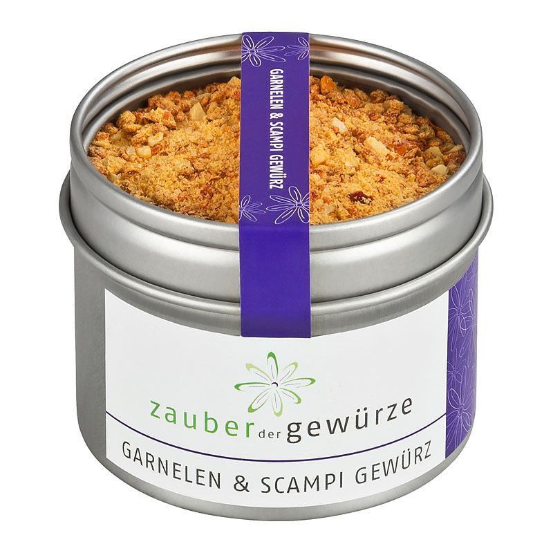Runde Dose mit Gewürzmischung. Aufkleber mit Produktname und Logo. Lila Band mit Produktbezeichnung.
