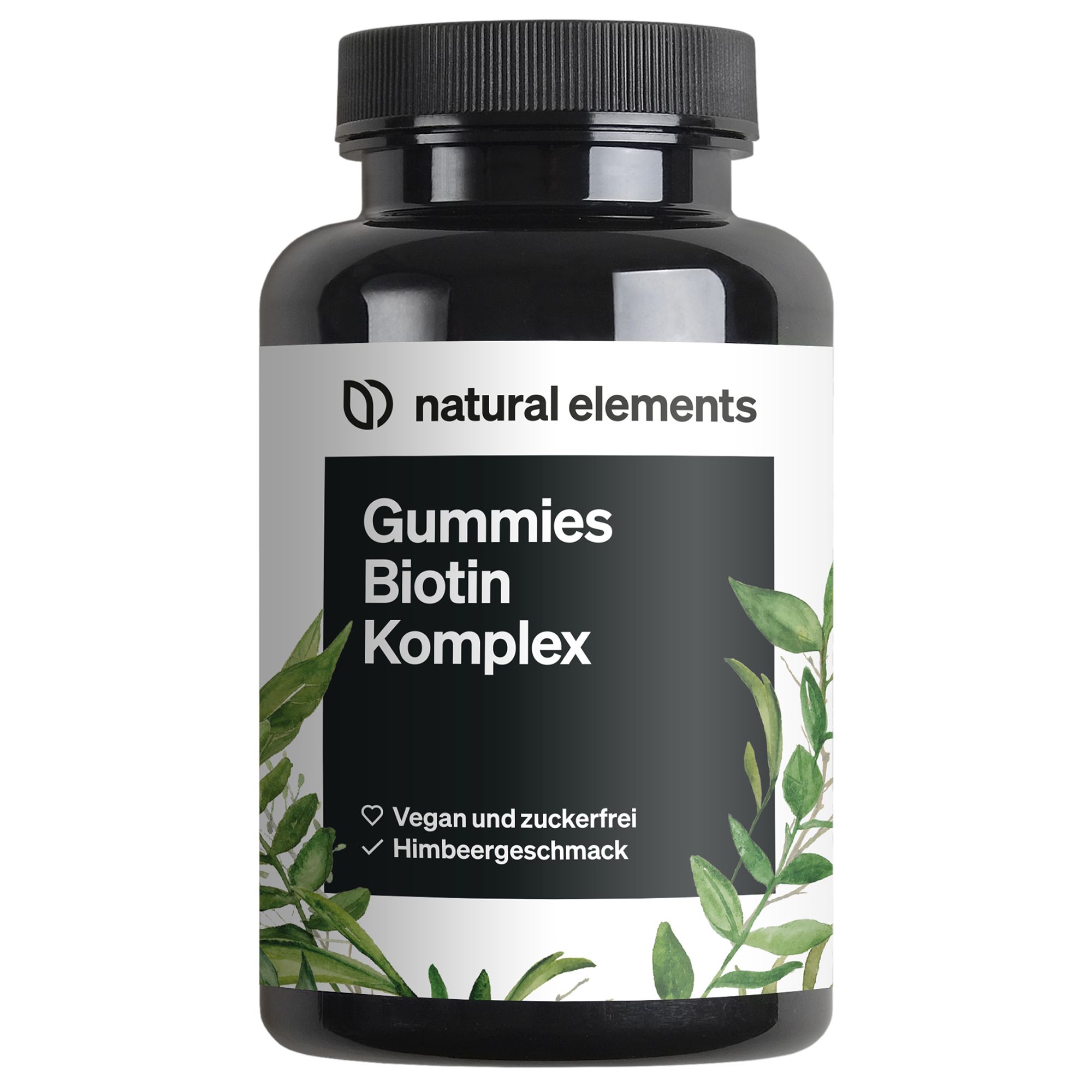 Schwarze Flasche mit weißem Etikett. Auf dem Etikett steht 'Gummies Biotin Komplex'. Enthält Informationen zu Inhaltsstoffen und Eigenschaften.