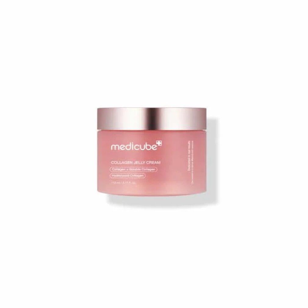 Medicube Collagen Jelly Cream in einem rosa Tiegel, daneben die passende rosa Produktverpackung.