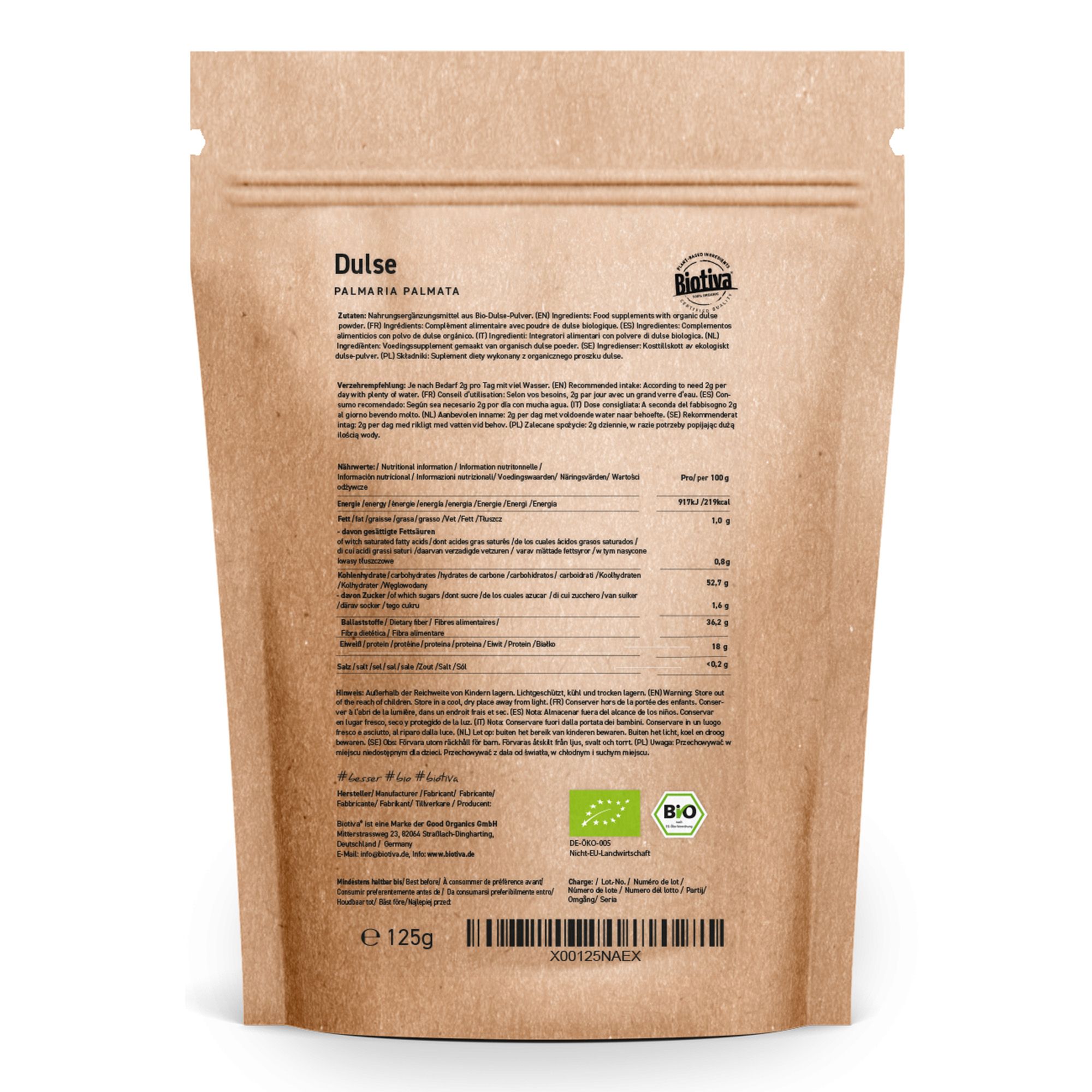 Rückseite des Dulse Pulver Beutels. Enthält Nährwertangaben, Inhaltsstoffe, Bio-Siegel und Barcode. Marke Biotiva.