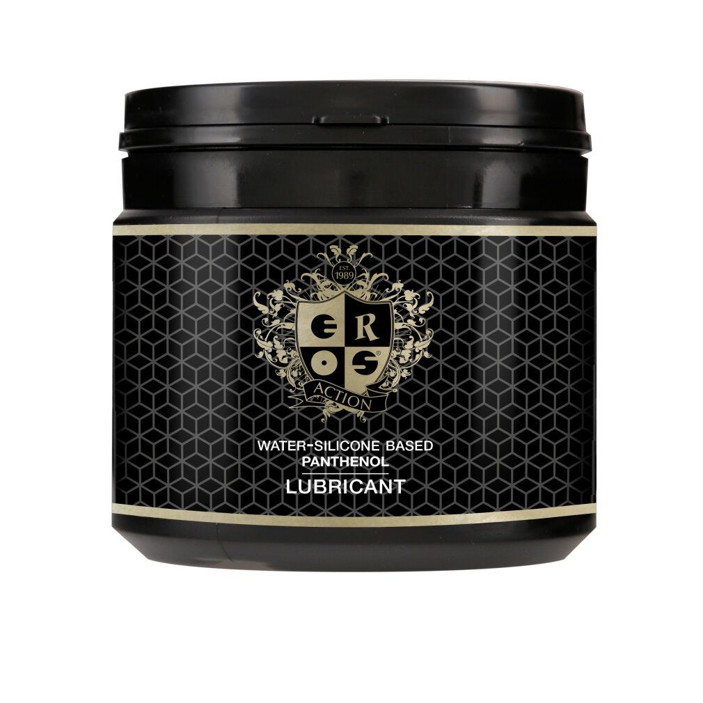 Schwarzer Behälter mit goldfarbenem Etikett. Text: EROS Action, Water-Silicone Based, Panthenol, Lubricant.