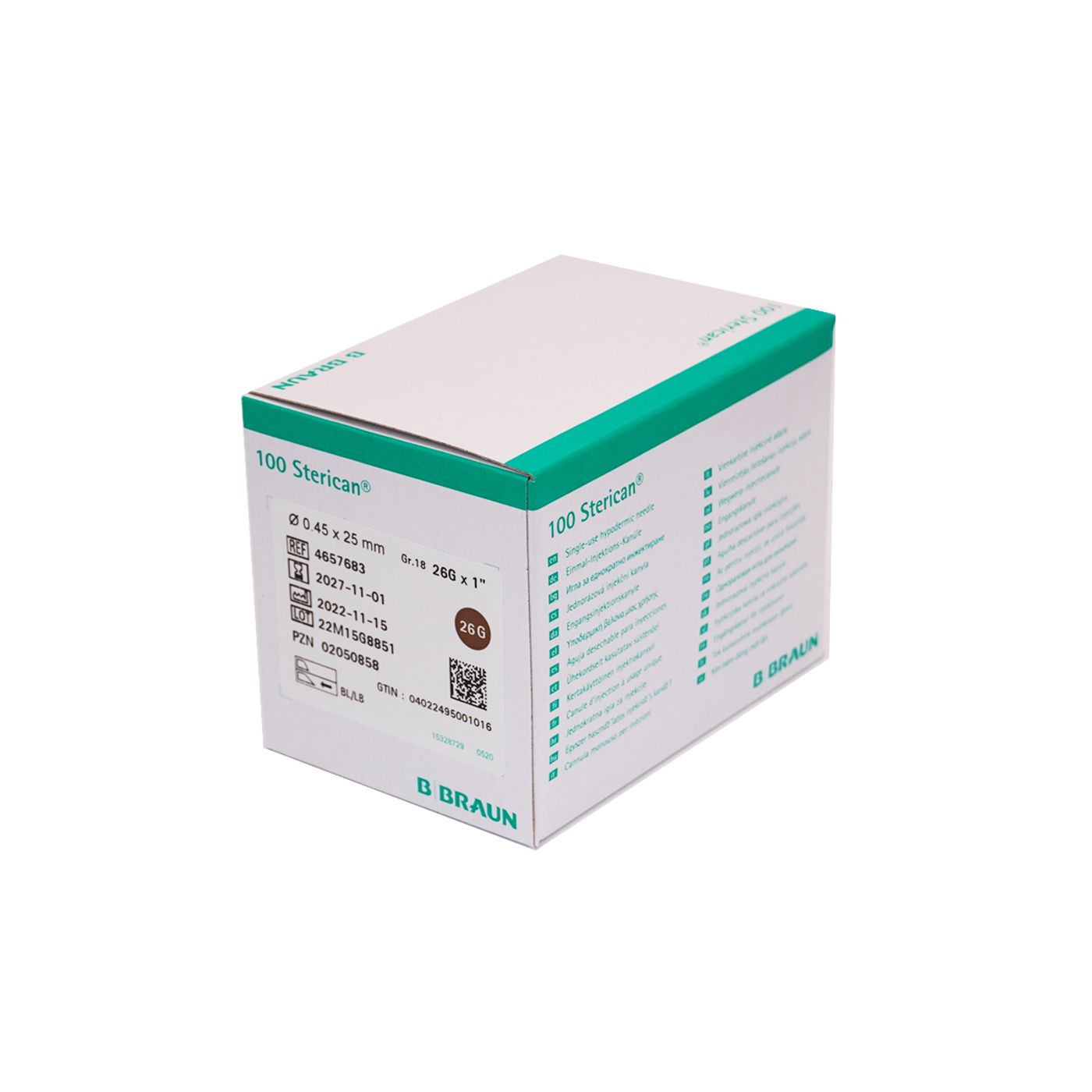 Verpackung von B. Braun Sterican® Standardkanülen, Größe 18, 0,45 x 25 mm, braun.