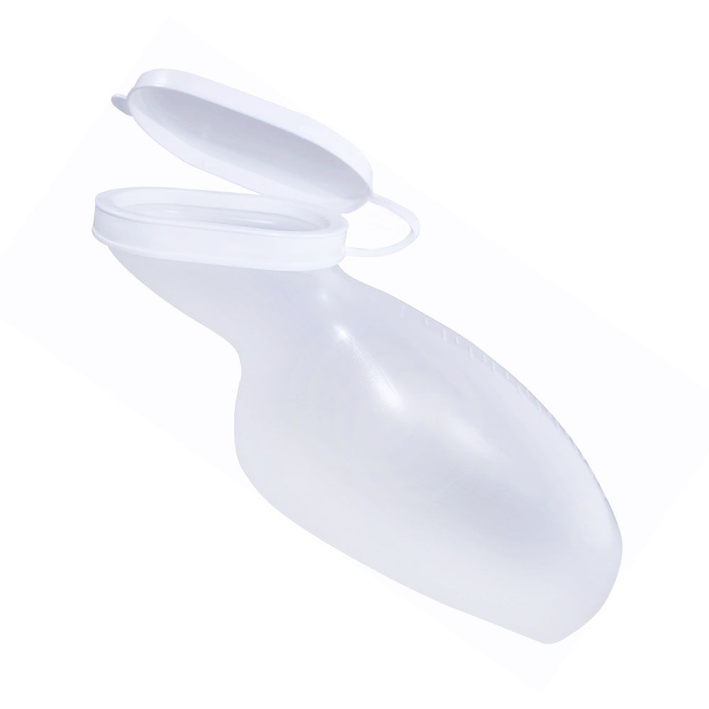 Urinflasche für Frauen, milchig-weiß, mit Deckel. Deckel geöffnet. Kunststoff.