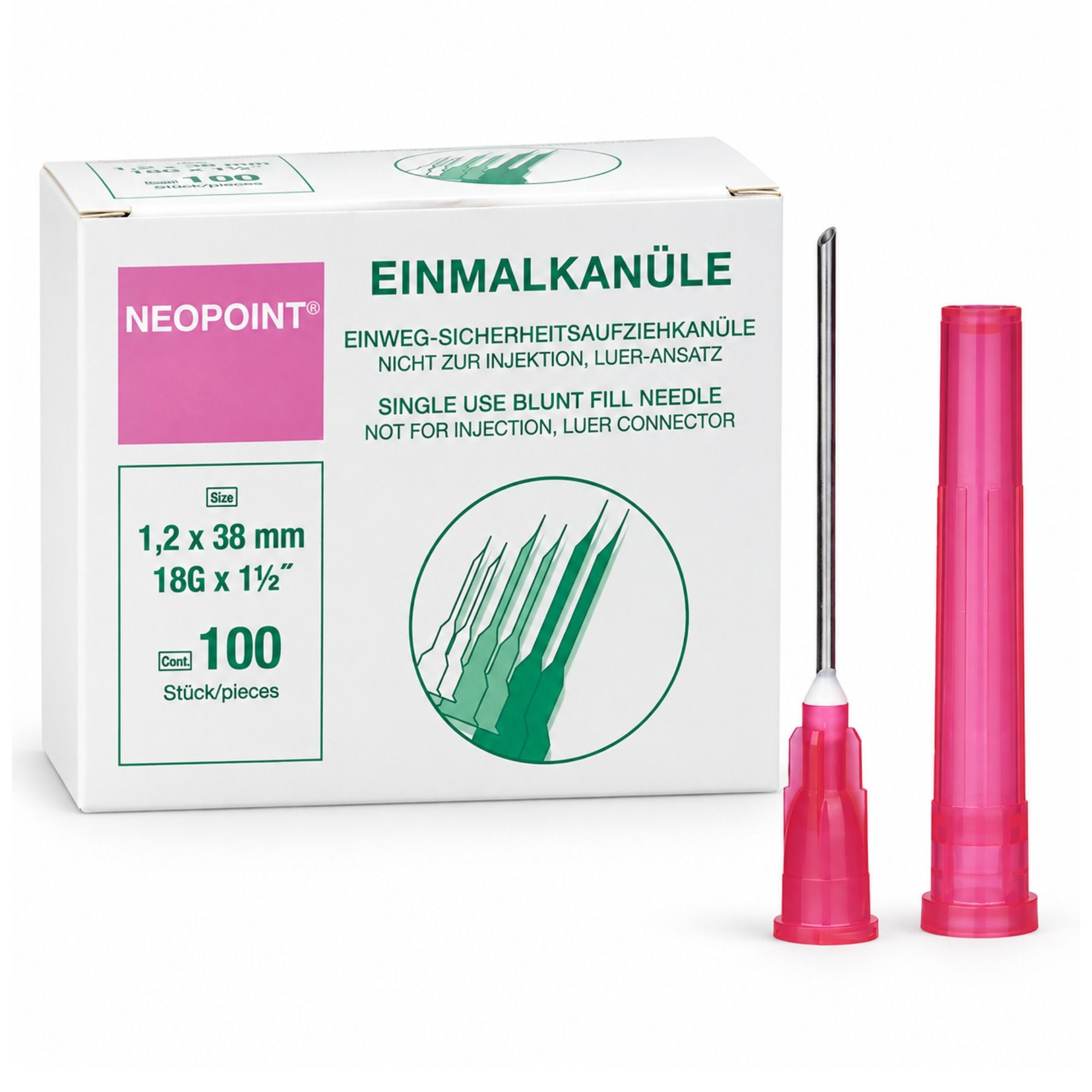 Neopoint Einweg-Sicherheitsaufziehkanüle 18G 1,2 x 38 mm ohne Filter