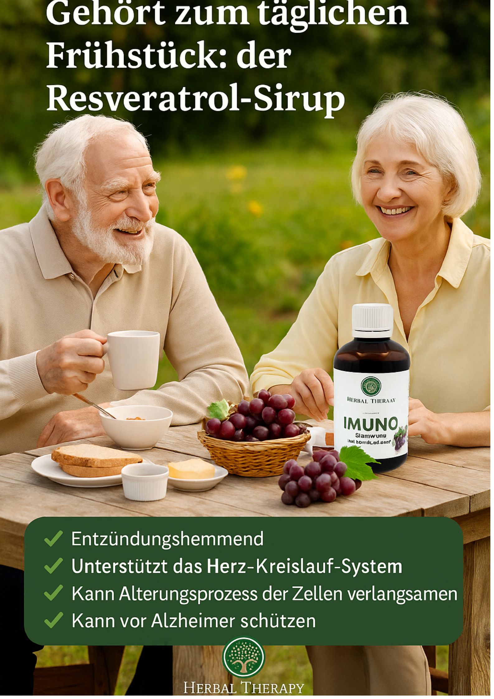 Älteres Ehepaar am Tisch mit Flasche IMUNO Resveratrol. Auf dem Tisch: Brot, Butter, Trauben. Text: Entzündungshemmend.