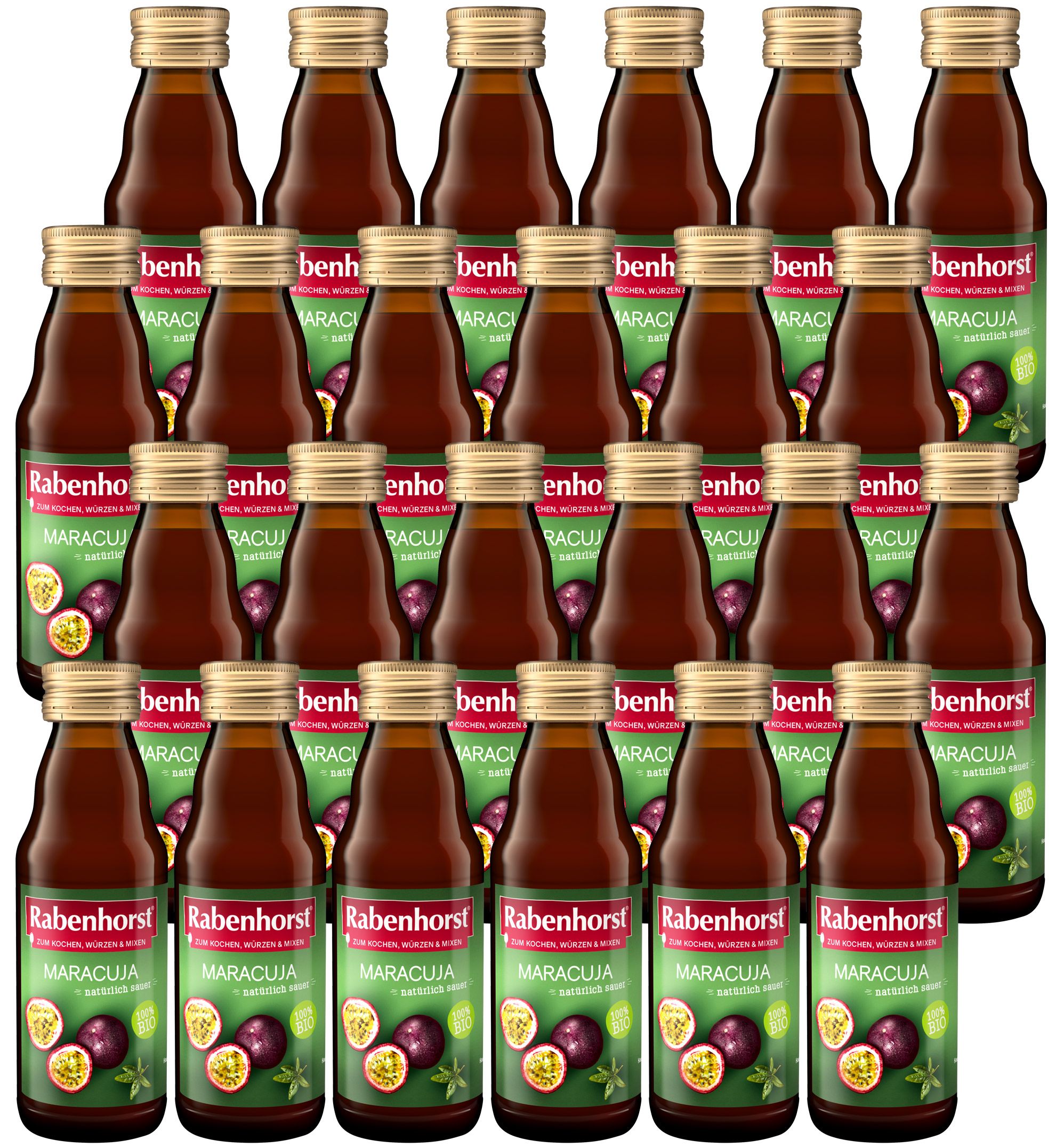 Mehrere Rabenhorst Maracuja BIO Mini-Flaschen. Etikett mit Maracuja-Abbildung und Schriftzug.