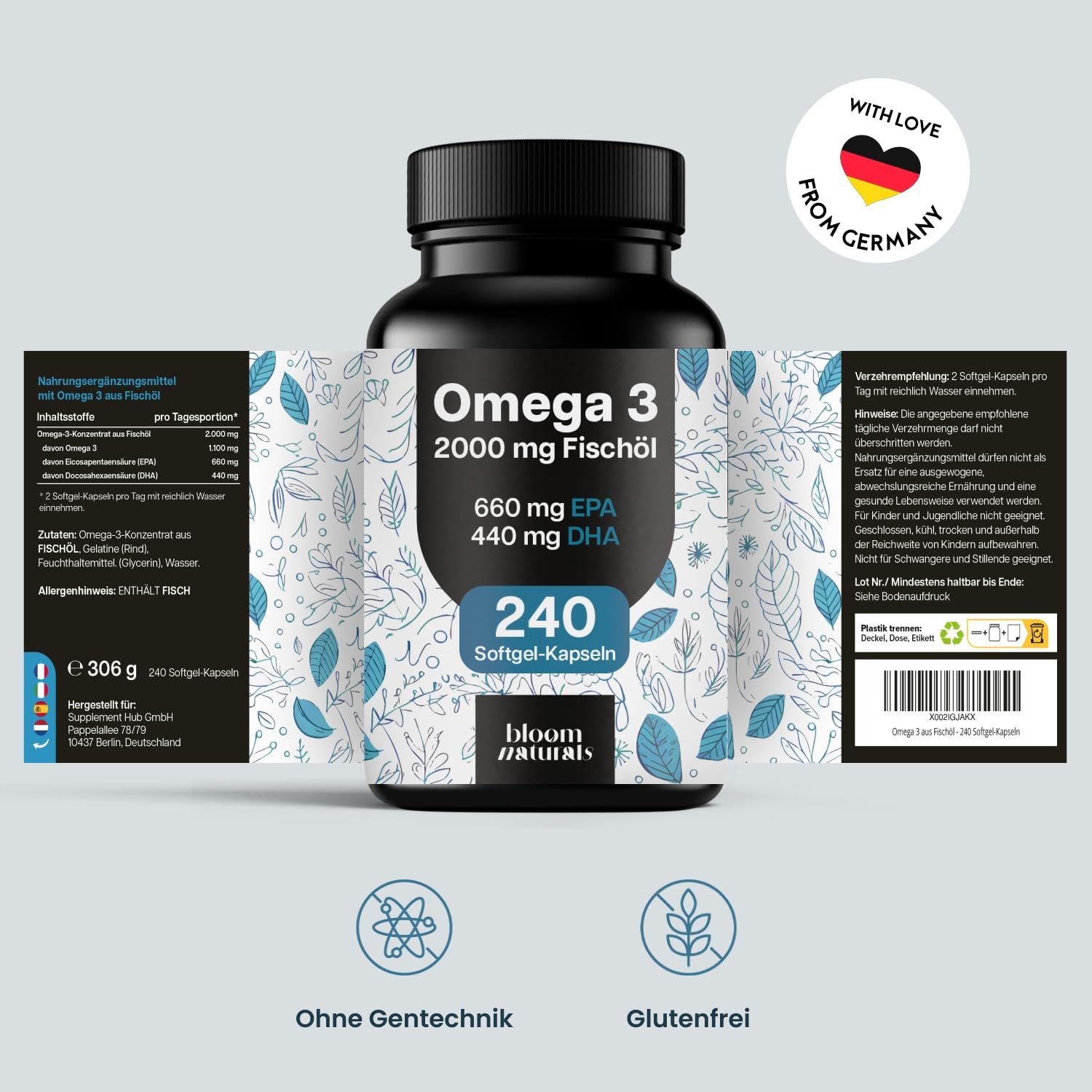 Omega 3 Fischöl - 240 Kapseln - 2000 mg Fischöl - 660 mg EPA & 440 mg DHA - Bloom Naturals