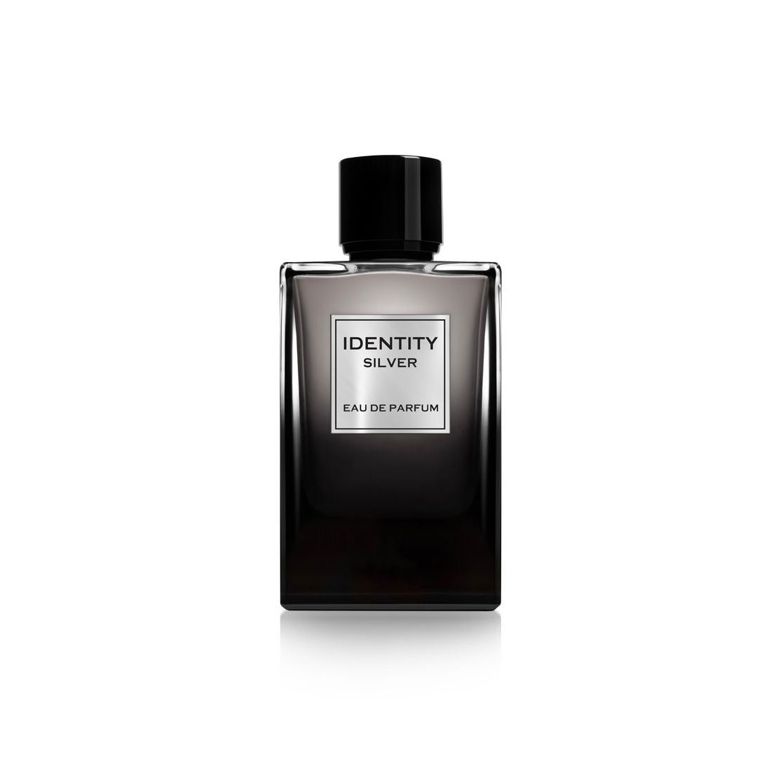 Dunkles Parfümflakon mit schwarzem Verschluss. Aufschrift: Identity Silver Eau de Parfum.