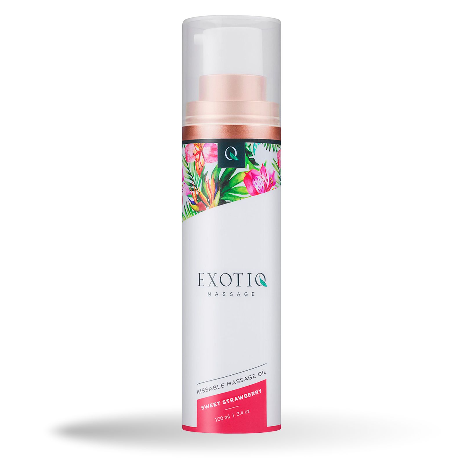 Zylindrische Flasche mit Sprühkopf. Aufschrift: Exotiq Massage, Sweet Strawberry. Floralmuster am oberen Rand.