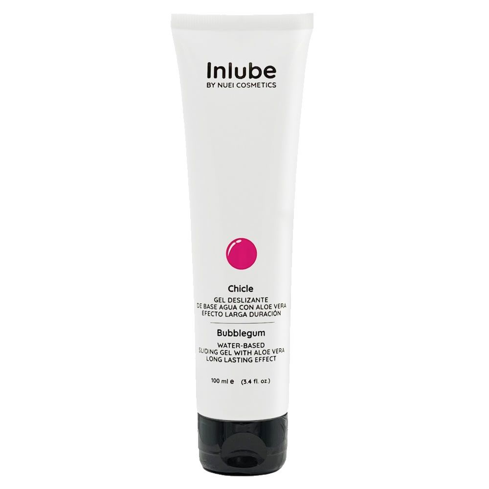 Weißes Gel in Tube mit rosa Akzenten. Text: Inlube, NUEI Cosmetics, Chicle, Bubblegum, 100 ml.