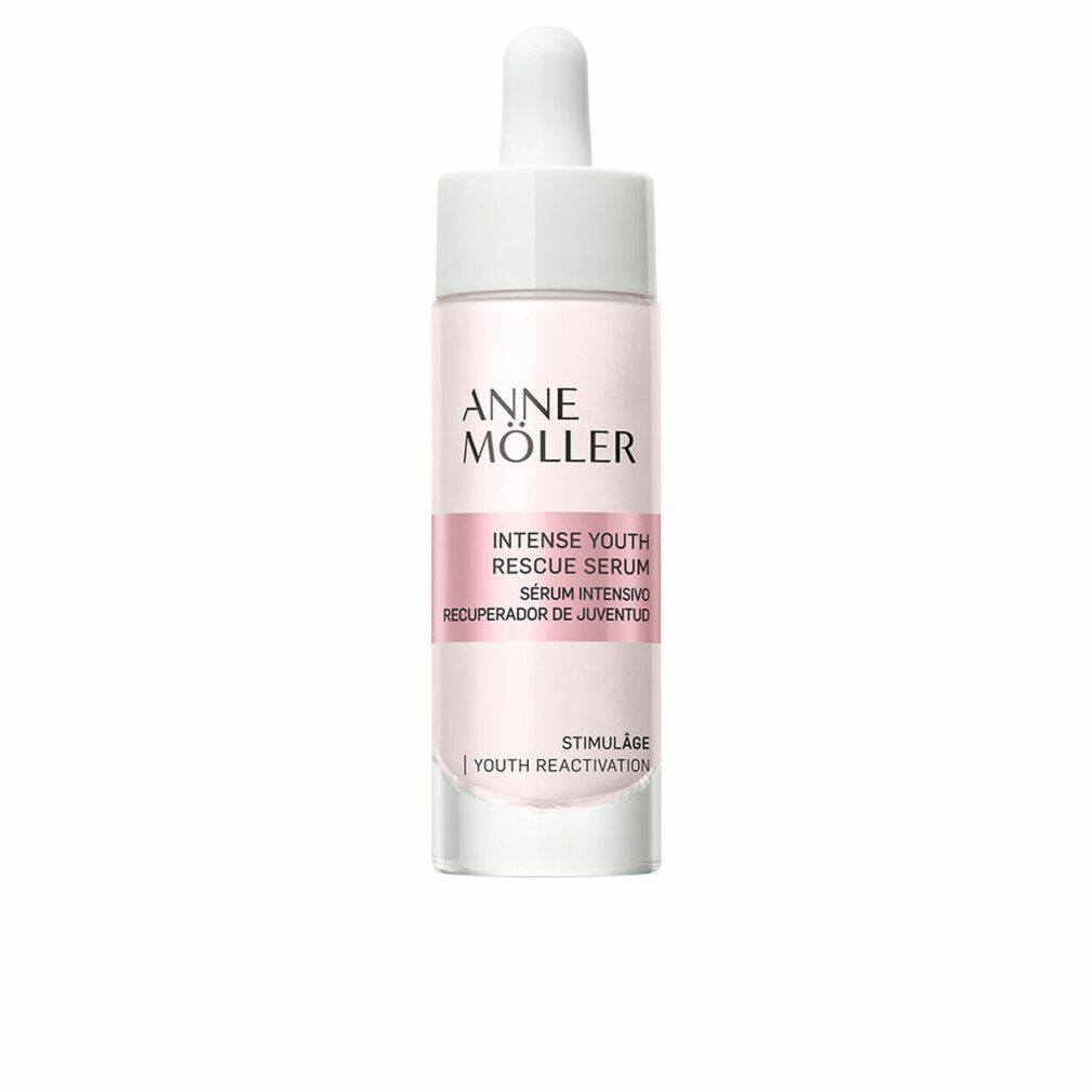 Serumflasche mit Pipette. Rosafarbener Behälter mit weißem Deckel. Beschriftung: Anne Möller, Intense Youth Rescue Serum, Stimulâge Youth Reactivation.