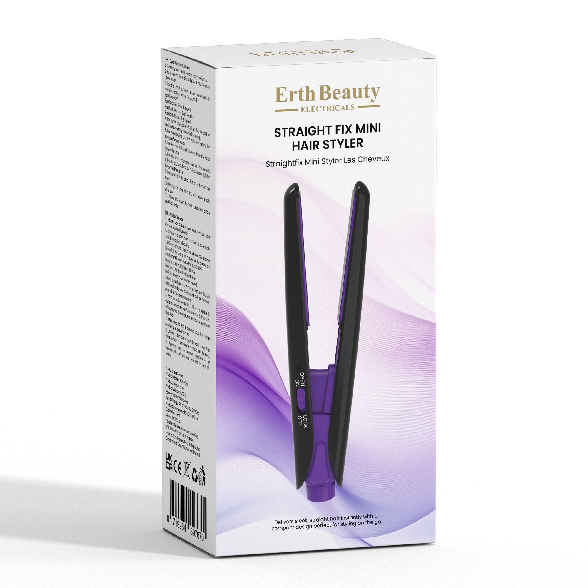 Haarstyler in Verpackung. Schwarz-lila Mini-Haarstyler. Text: Straight Fix Mini Hair Styler. Marke: Erth Beauty Electricals.