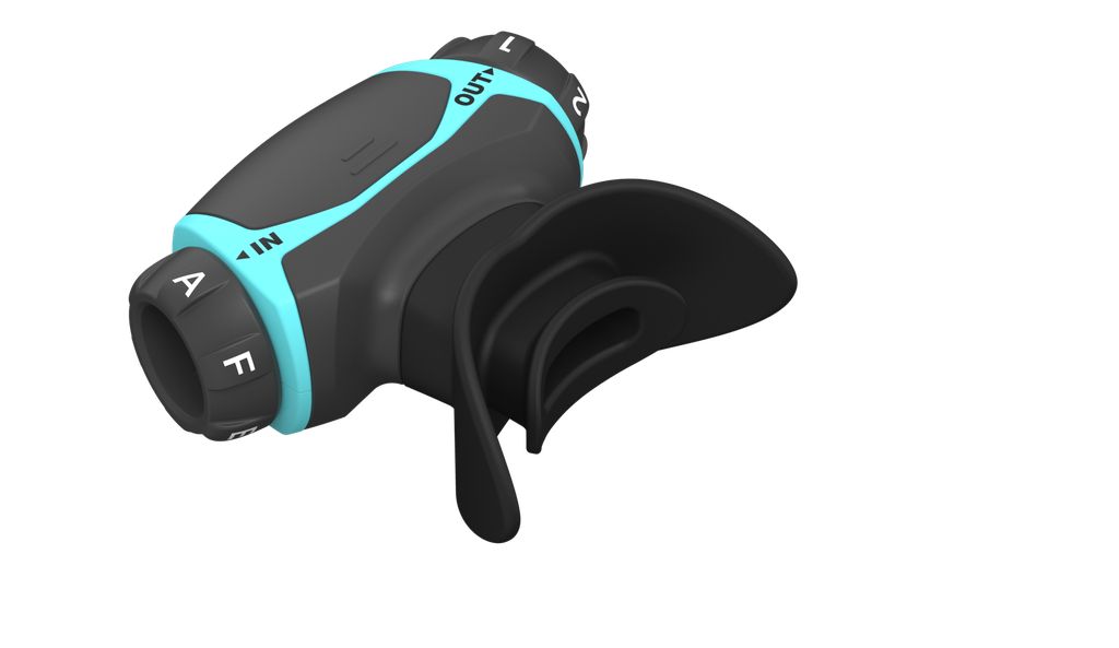 Atemtrainer, schwarz-türkis. Drehregler mit Zahlen und Buchstaben. Aufsatz für den Mund.