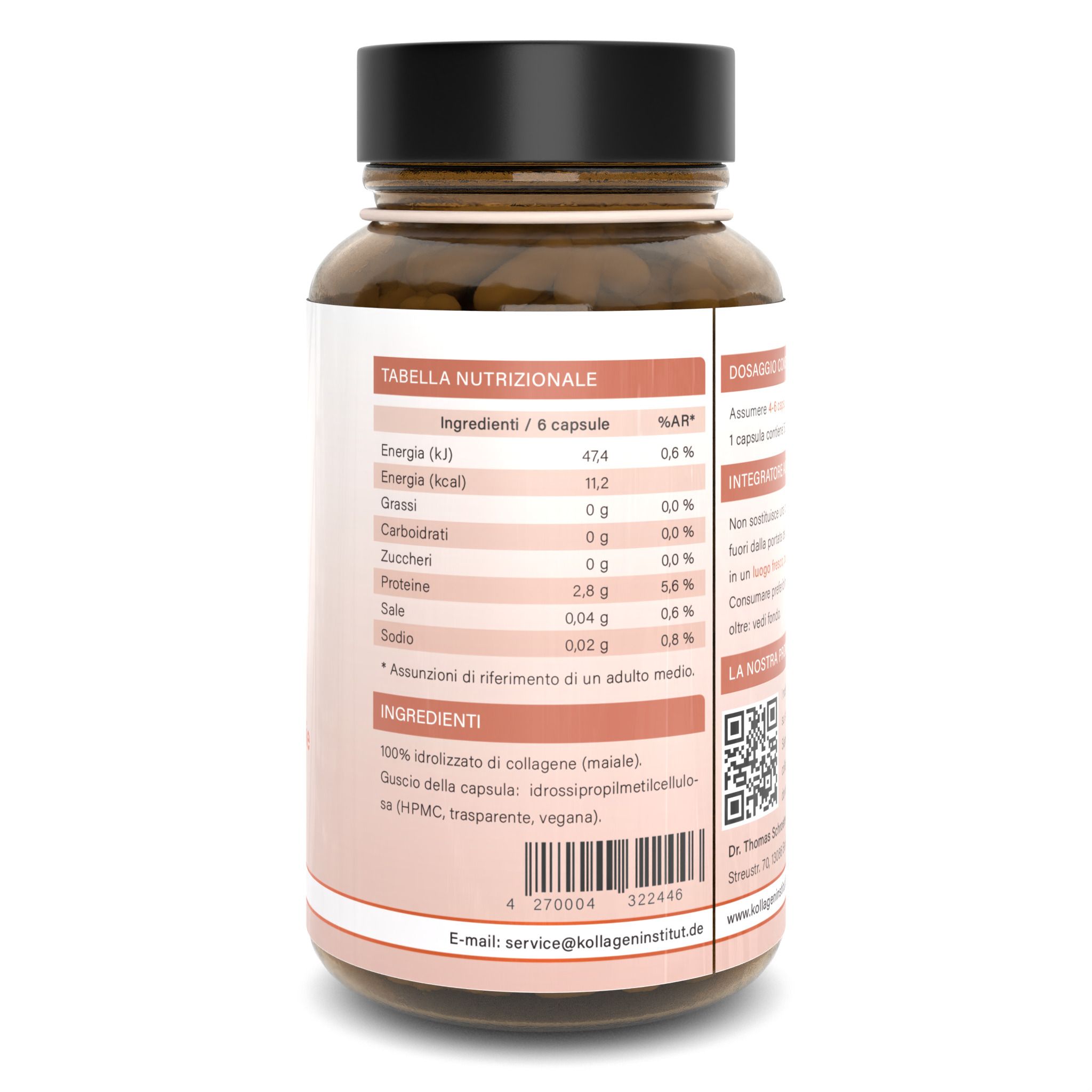 Retro della bottiglia Kollagen Institut. Contiene una tabella nutrizionale per 6 capsule. Include informazioni sugli ingredienti: 100% collagene idrolizzato (suino, vegano). Include anche informazioni sulla capsula: HPMC, trasparente, vegana.