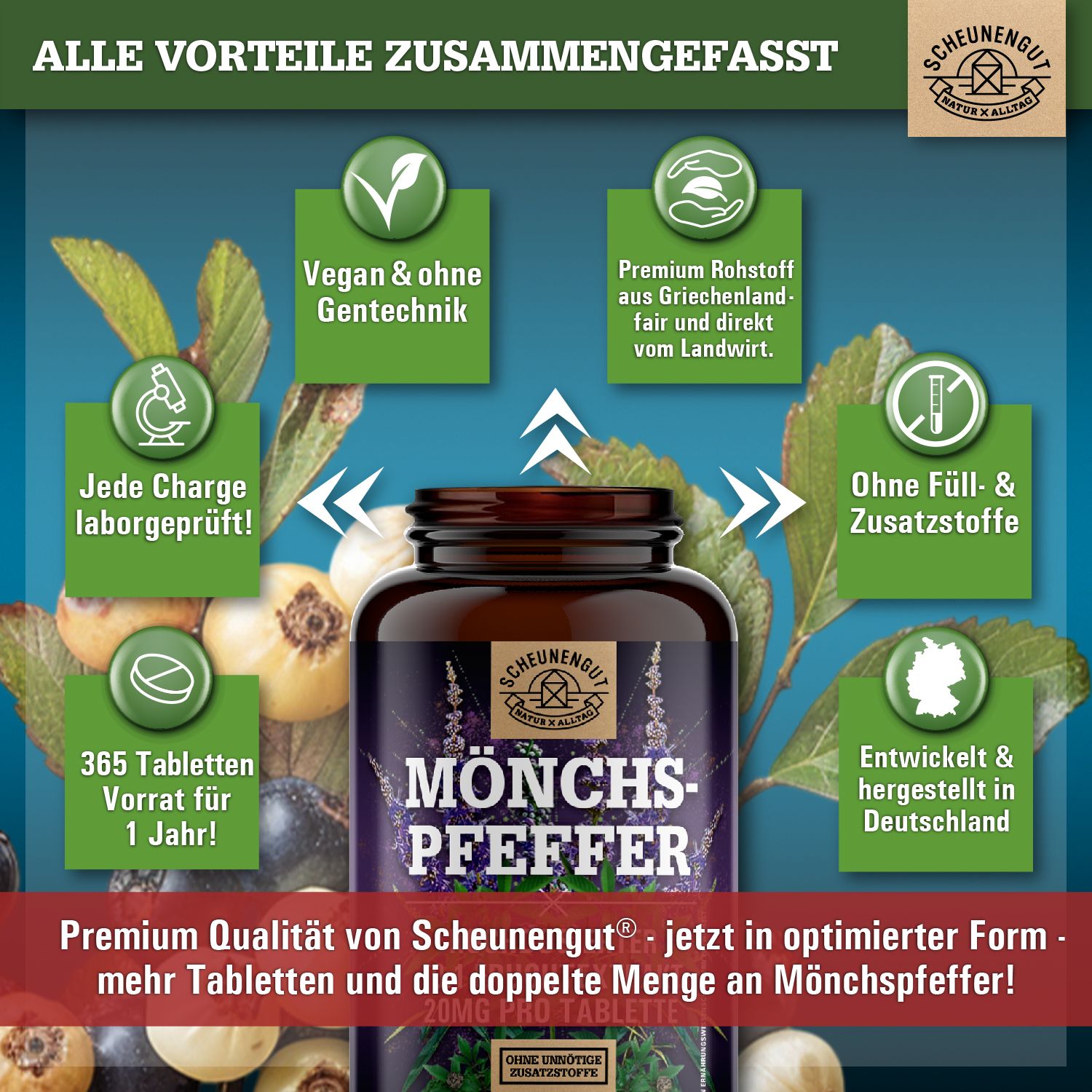 Scheunengut Mönchspfeffer: Vorteile wie vegan, Labor geprüft, 365 Tabletten Vorrat.