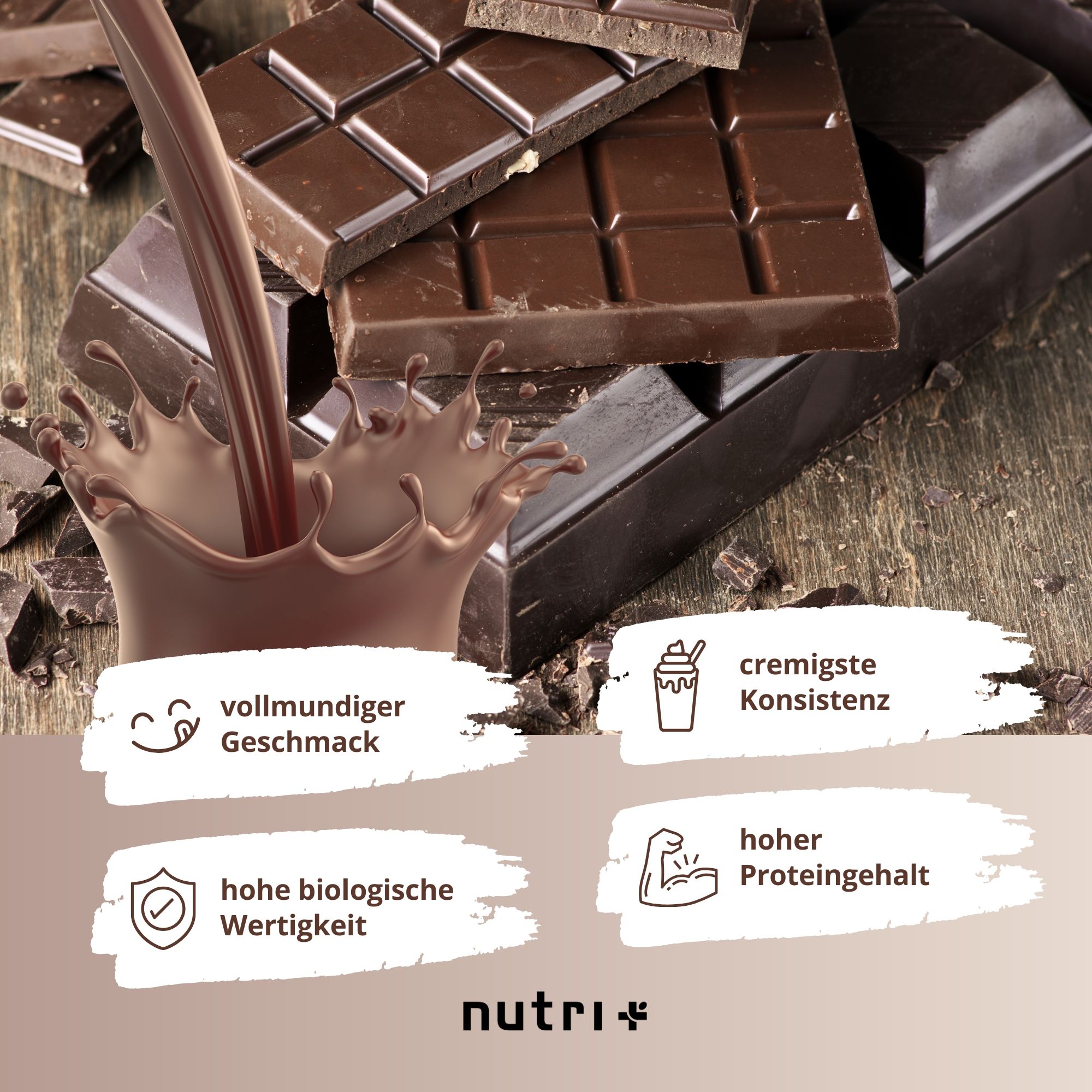 Schokoladenstücke und flüssige Schokolade. Icons: Vollmundiger Geschmack, cremige Konsistenz, hohe biologische Wertigkeit, hoher Proteingehalt. Logo: nutri+.