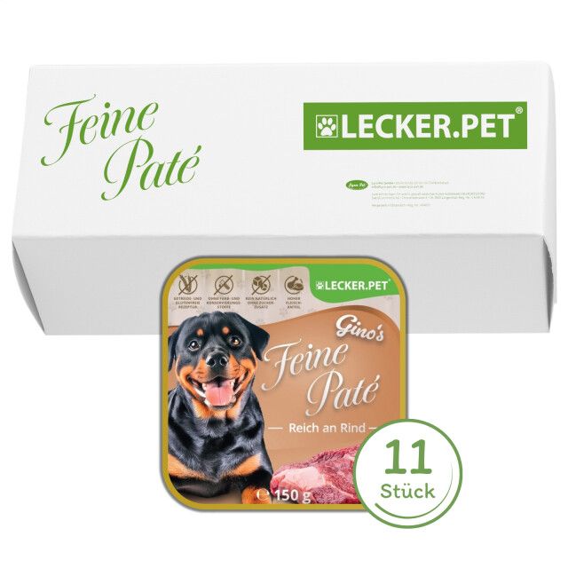 Produktverpackung mit 11 Dosen Hundefutter. Aufschrift: Feine Paté, Reich an Rind, 150g. Marke: Lecker.Pet.