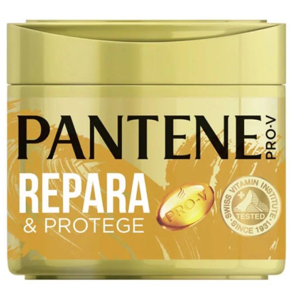 Goldfarbene Dose mit Produkt. Aufschrift: PANTENE PRO-V REPARA & PROTEGE. Swiss Vitamin Institute Logo.