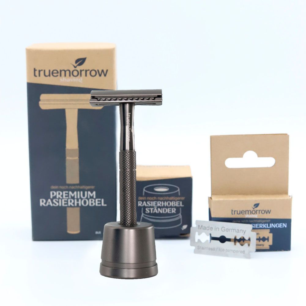 truemorrow Shaving Starter-Set (mit Premium Rasierhobel, Ständer und 10 Klingen) anthrazit