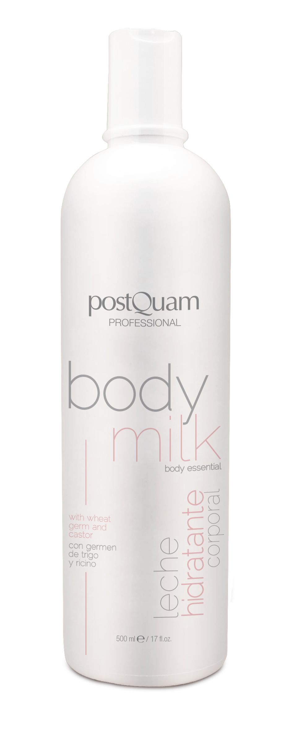 Weiße Flasche "Postquam Professional Body Milk". Text: "Leche Hidratante Corporal", "500 ml".