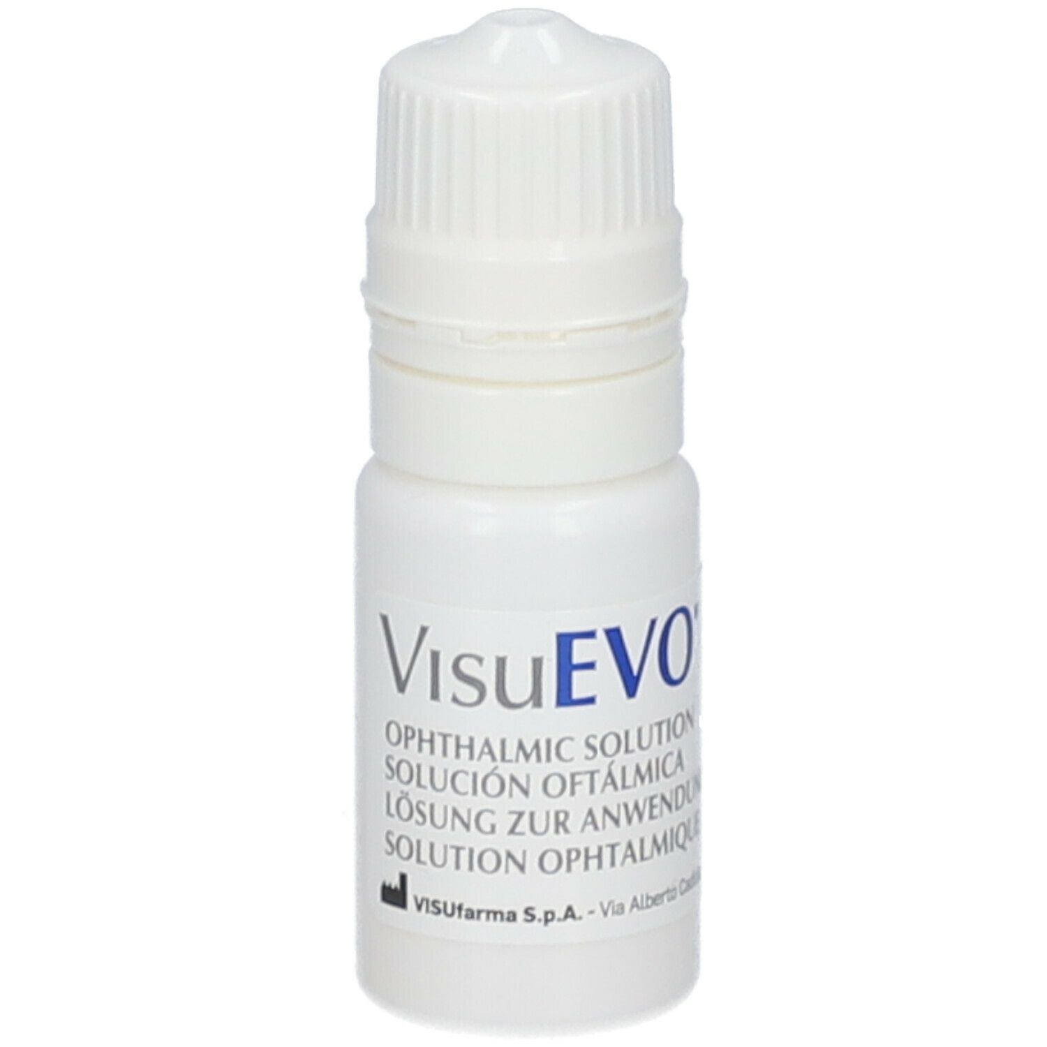 Weiße Flasche mit VisuEVO-Aufschrift. Ophthalmic Solution. Tropfflasche mit weißem Verschluss.