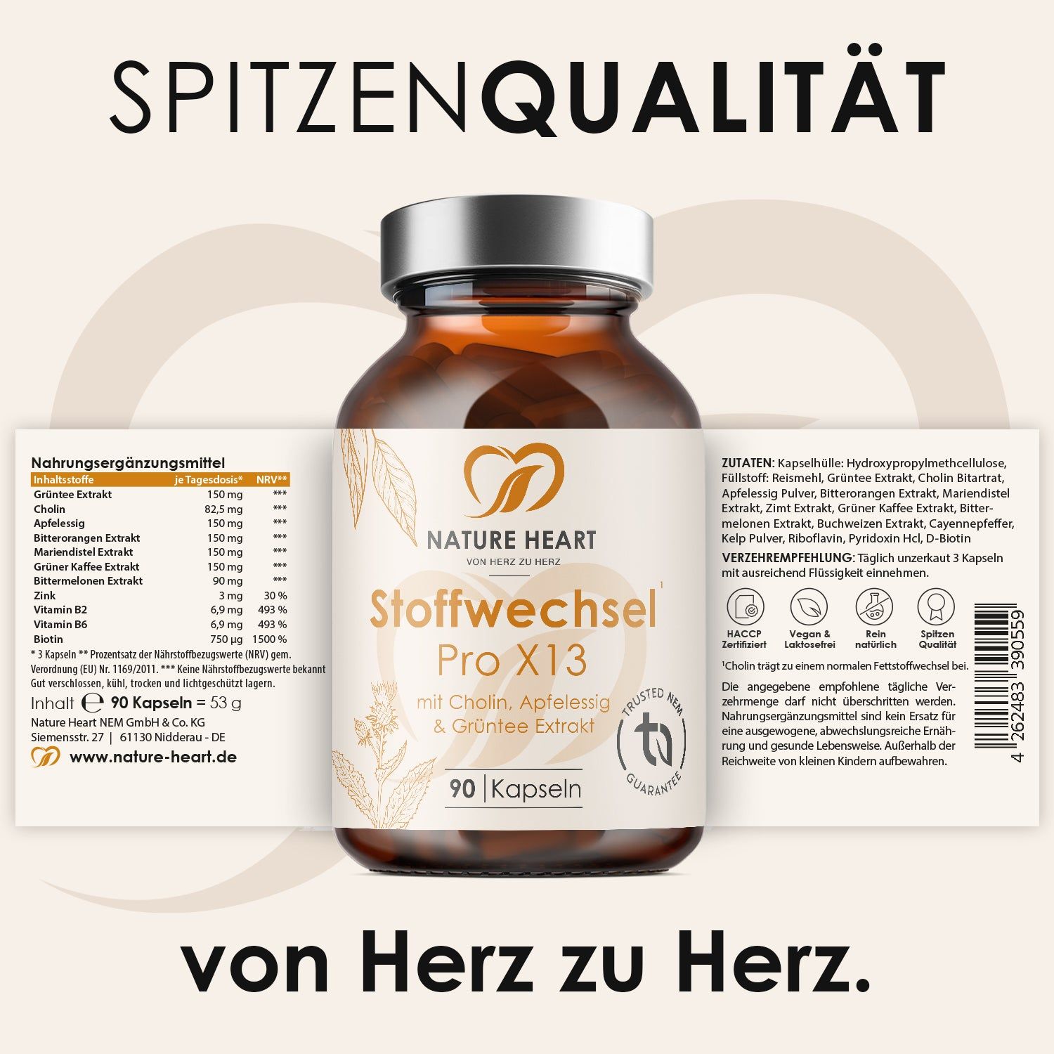 Nature Heart Stoffwechsel Pro X13 Kapseln, 90 Stück. Beinhaltet Nährwertangaben und Inhaltsstoffe.