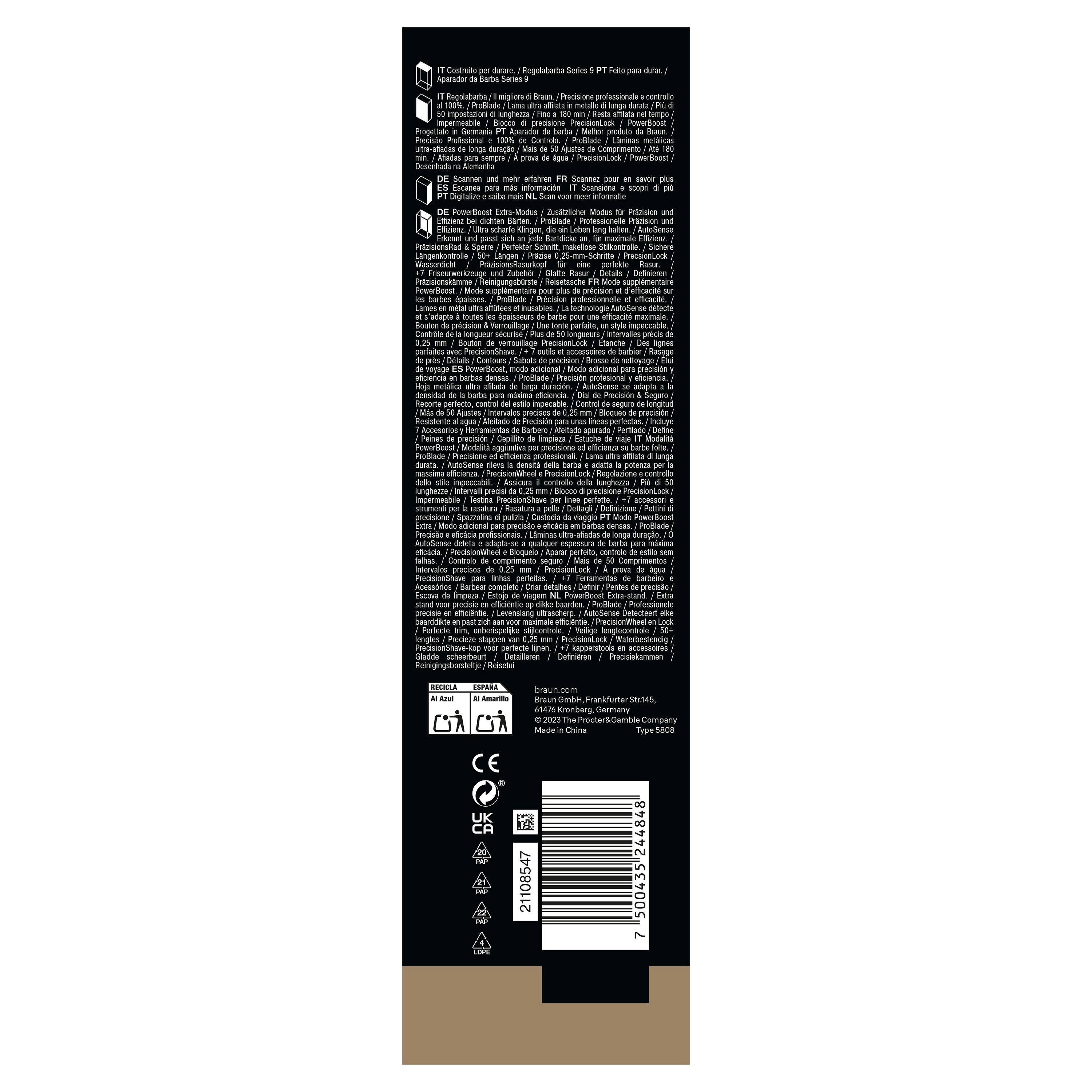 Rückseite der Produktverpackung. Text in mehreren Sprachen. Barcode und weitere Informationen. Schwarzer Hintergrund.