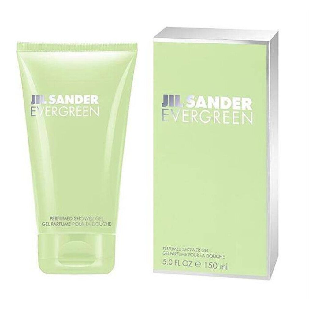 Hellgrüne Tube und Verpackung. Jil Sander Evergreen-Logo. Text: Perfumed Shower Gel. 5.0 FL OZ e 150 ml.