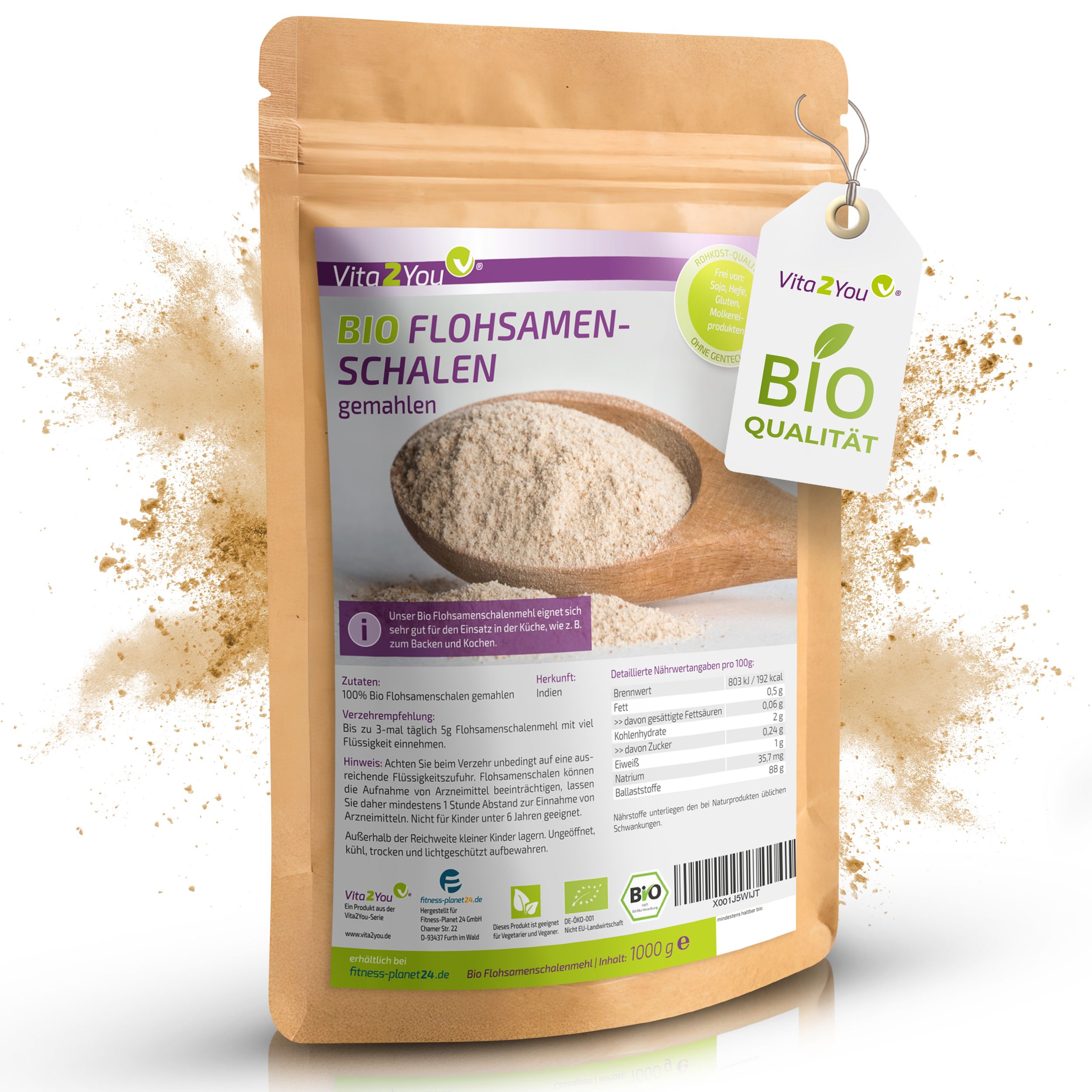 Vita2You Bio Flohsamenschalen gemahlen in Beutel. Produkt auf Holzlöffel. Text: 99% Reinheit, Bio-Qualität, 1000g.