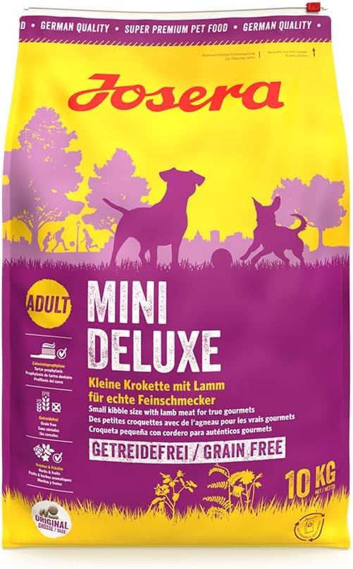 Hundefutter-Beutel, gelb und lila, mit Logo und Produktnamen JOSERA MiniDeluxe. Text: 'Getreidefrei'.