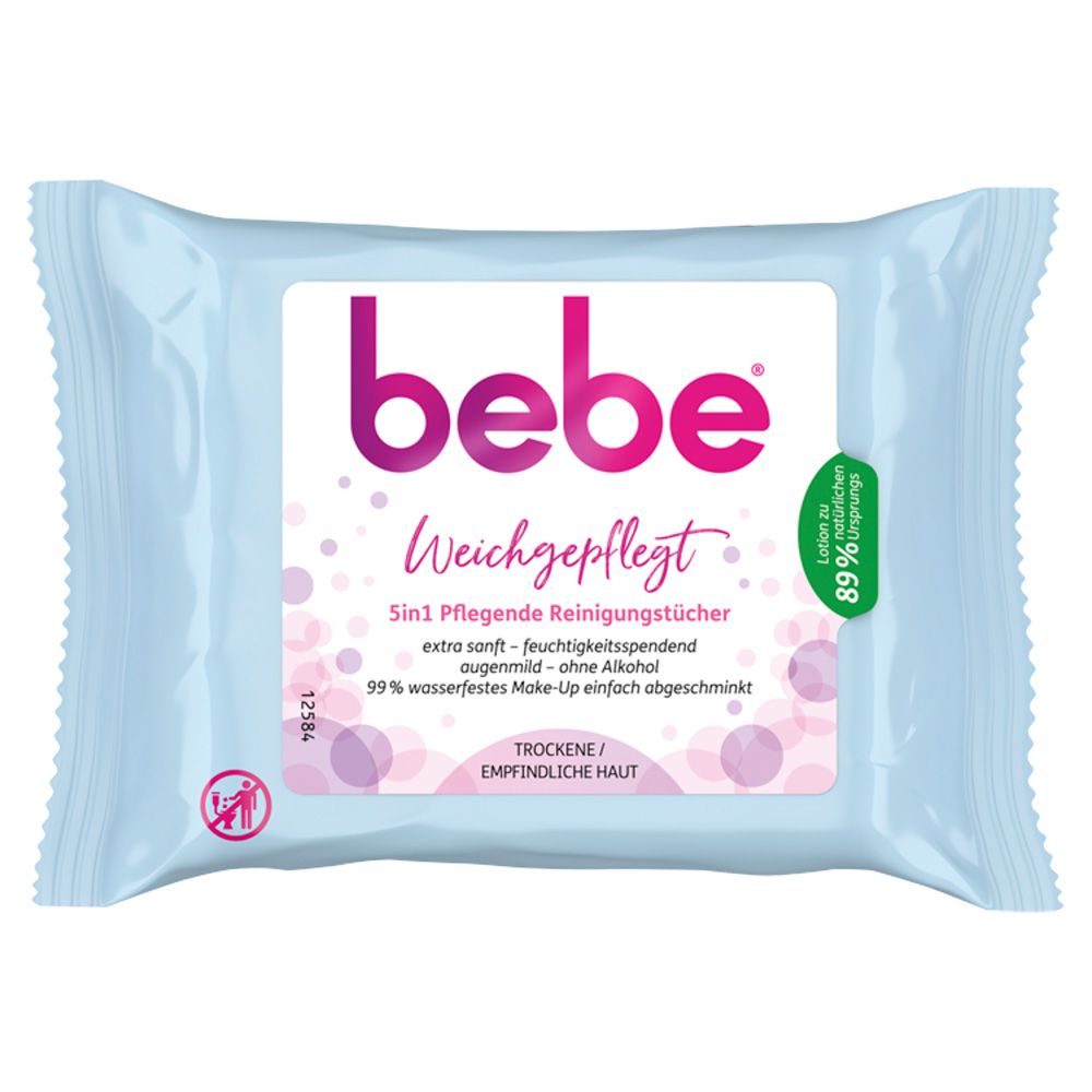 Hellblaue Verpackung mit "bebe"-Logo und "Weichgepflegt"-Schriftzug. Enthält Reinigungstücher. 5in1, extra sanft, feuchtigkeitsspendend.