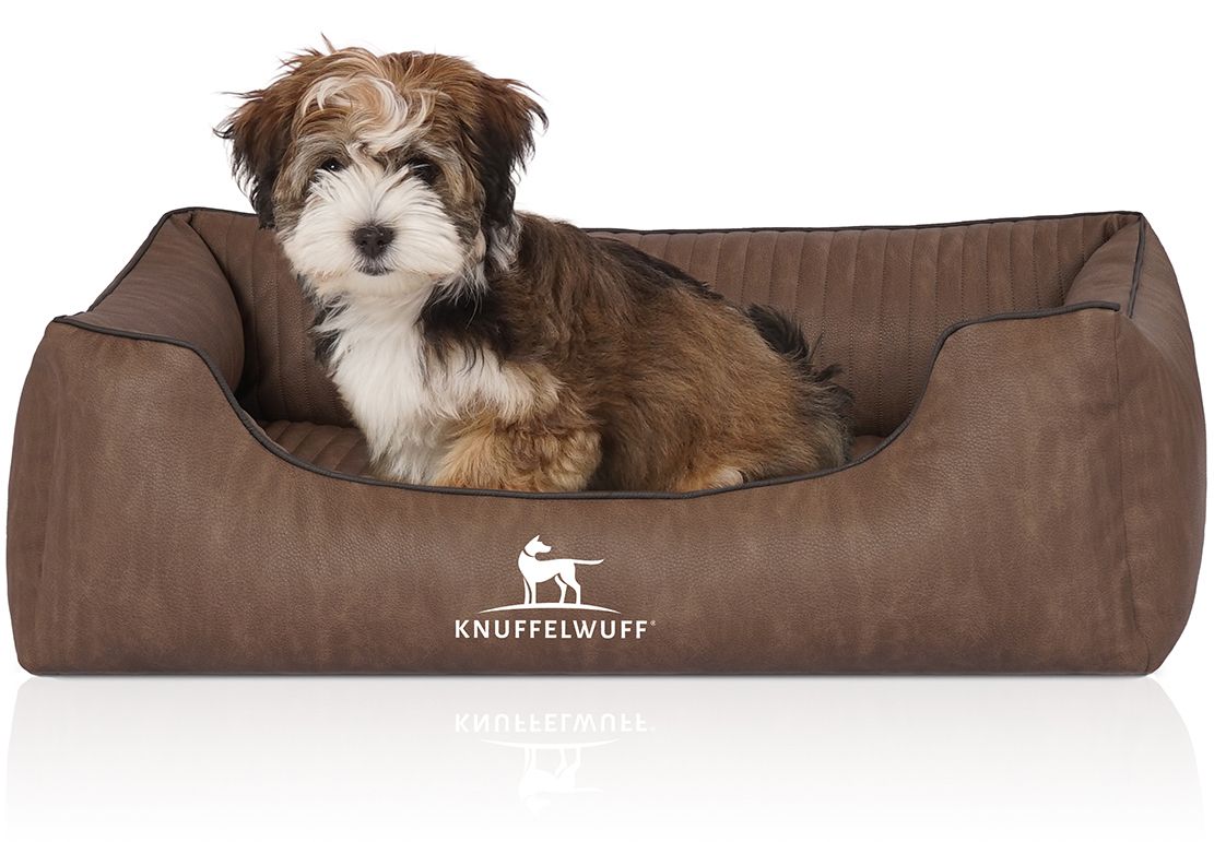 Braunes Hundebett mit einem kleinen Hund. Logo von Knuffelwuff. Rechteckige Form, Lederoptik, gesteppte Oberfläche.