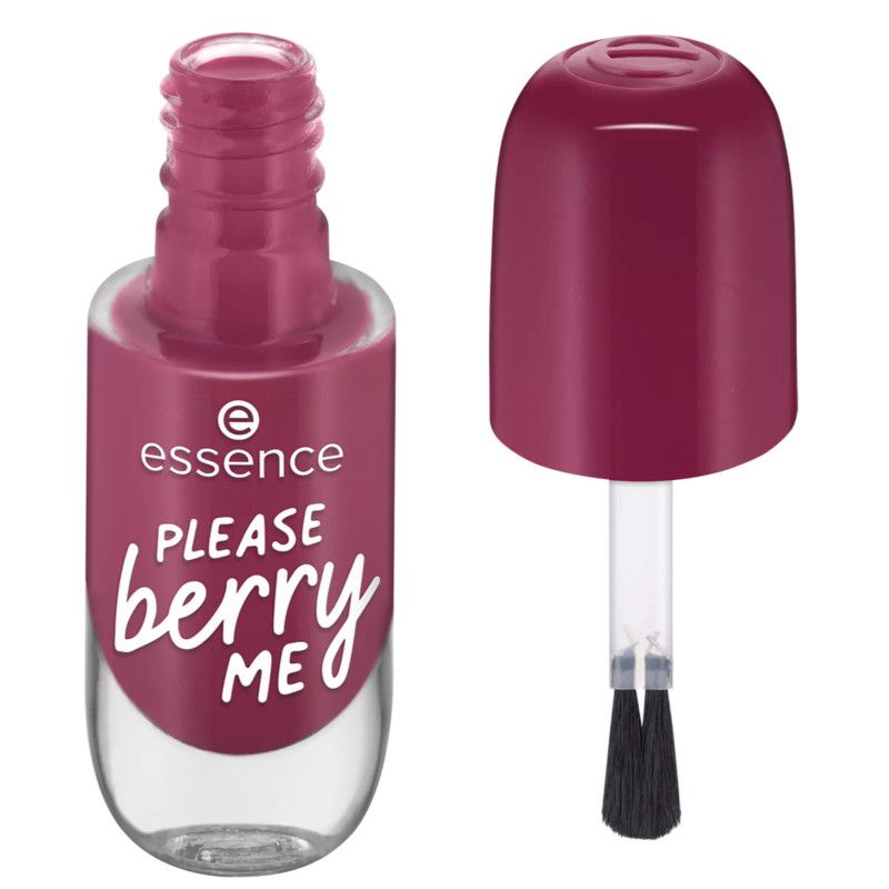 Essence Nagellack 'Please Berry Me' in dunkelrot, Fläschchen und Kappe.