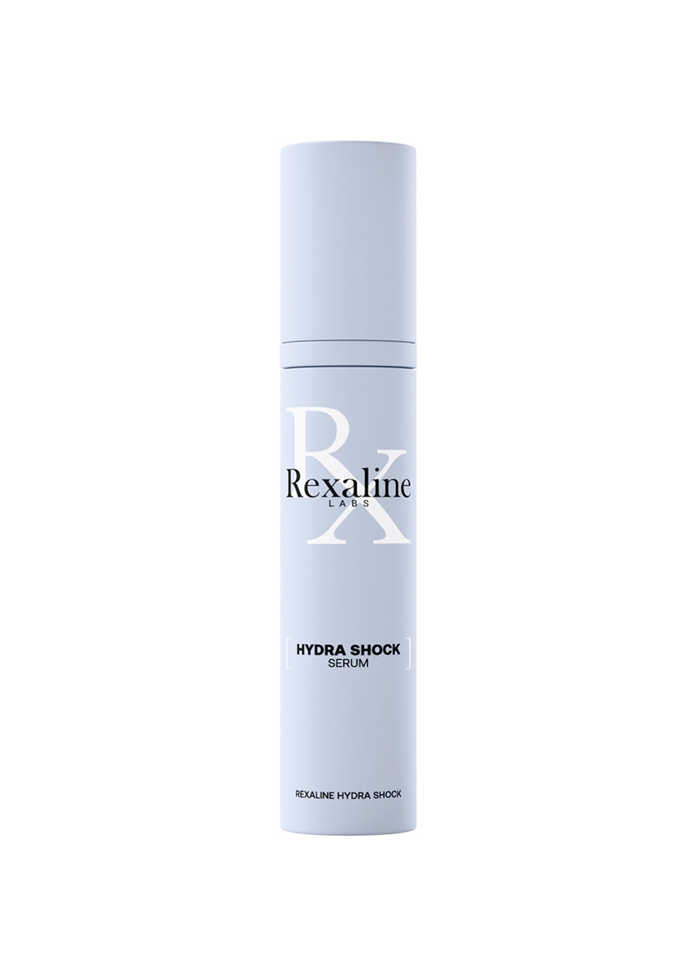 Hellblaues Serum mit weißem Aufdruck. Aufschrift: Rexaline, Hydra Shock Serum. Zylinderförmige Flasche mit Sprühkopf.