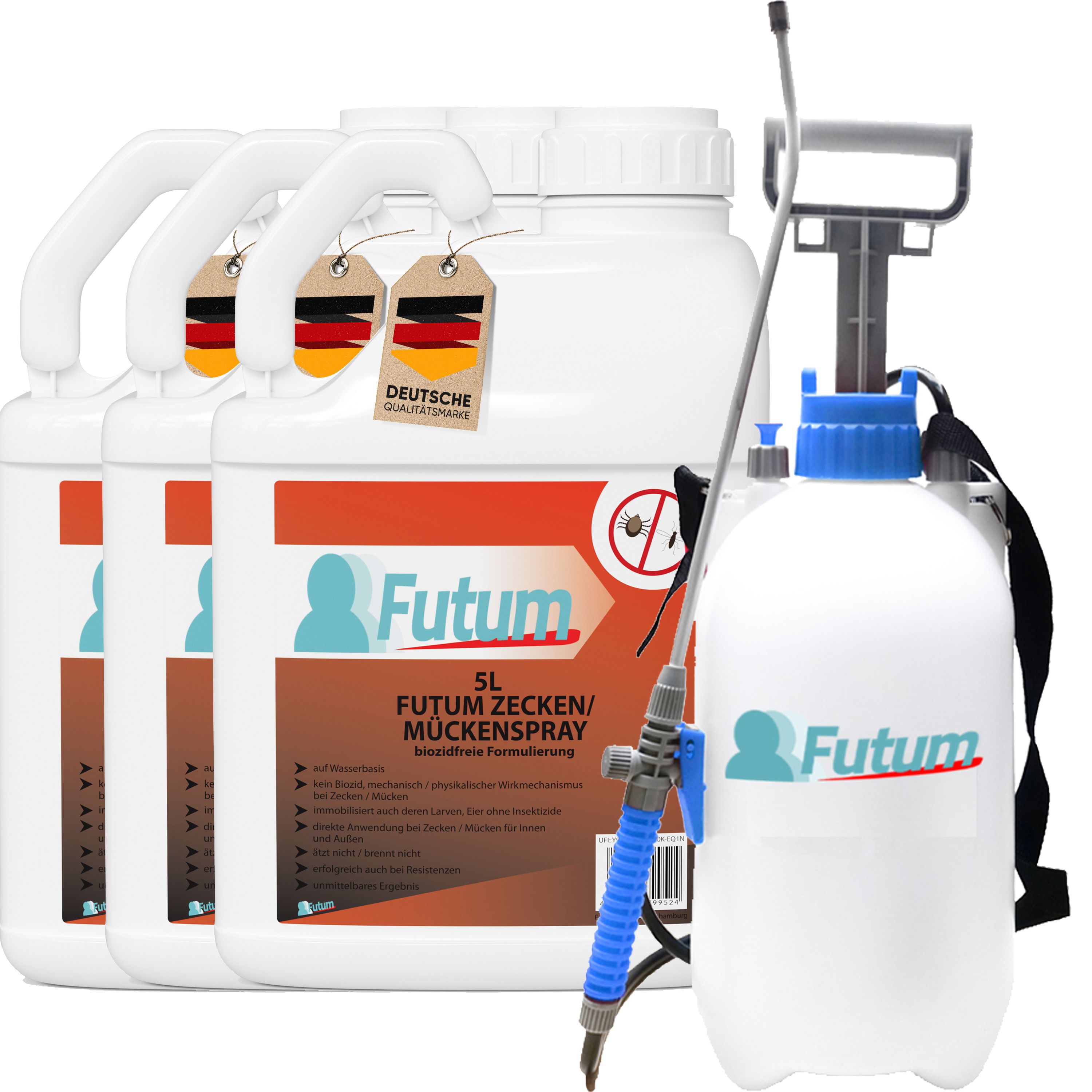 Drei weiße Kanister und ein Sprüher. Auf den Kanistern steht "FUTUM 5L Zecken-/Mückenspray". Ein Anhänger mit deutscher Flagge.