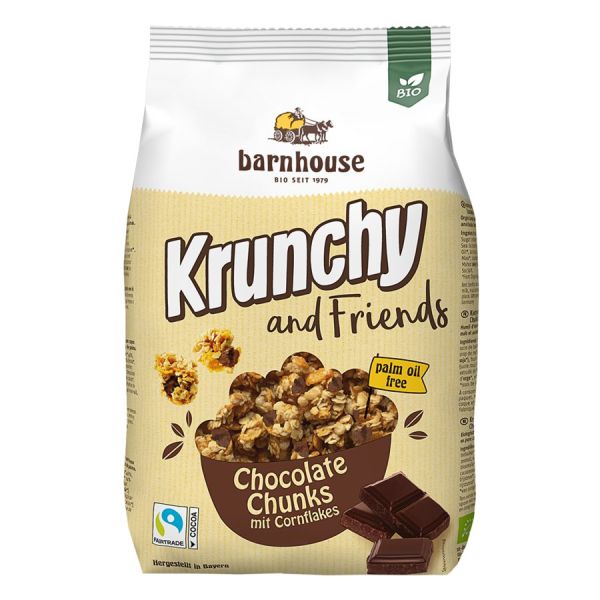 Verpackung von Krunchy and Friends Schoko. Aufschrift: Chocolate Chunks mit Cornflakes. Bio-Siegel. Palmölfrei.