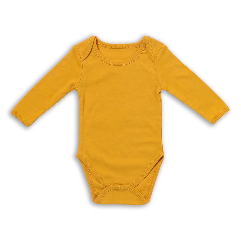 Gelber Baby-Body mit Langarm. Einfarbig. Rundhalsausschnitt. Baumwolle.