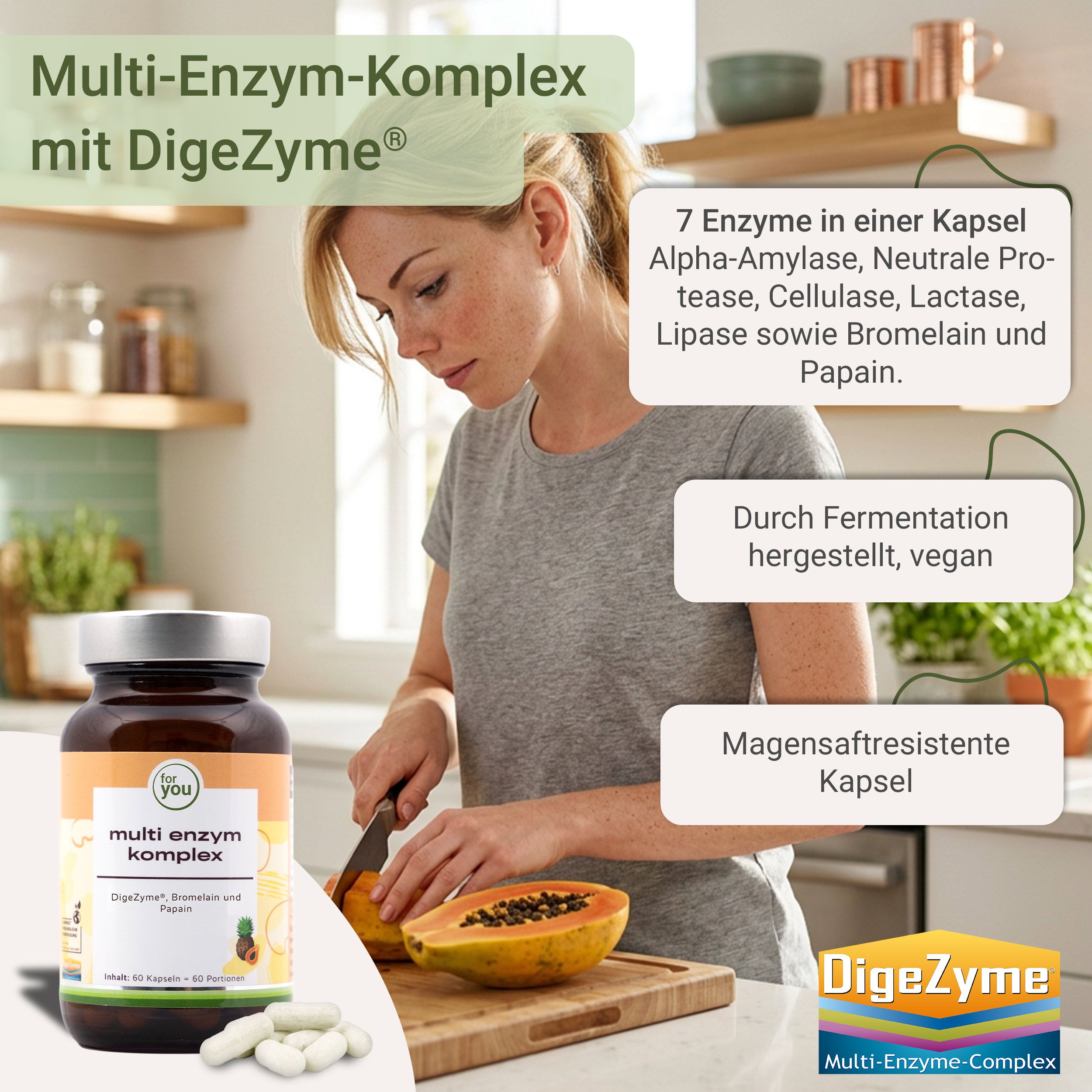 Rückseite einer Flasche mit Kapseln, mit detaillierten Inhaltsstoffangaben und Barcode.