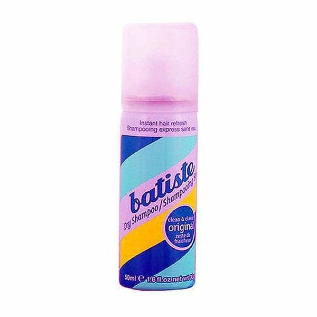 Trockenshampoo-Spraydose. Rosa-blau-gelbes Design mit Schriftzug. Deckel transparent. Produktname: Batiste Original.