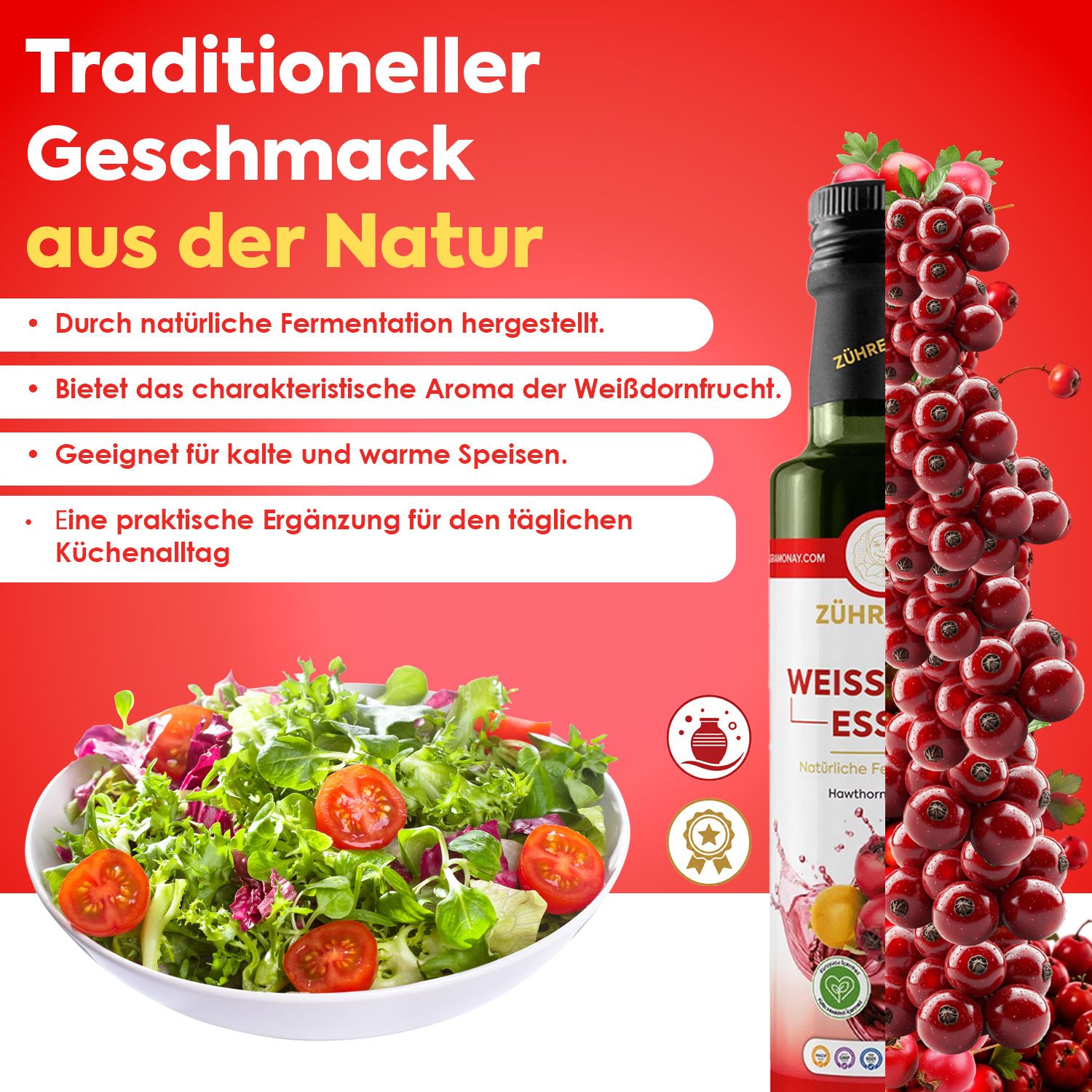 Flasche Zühre Ana Weißdorn Essig neben einem Salat und einem Haufen Weißdornbeeren.