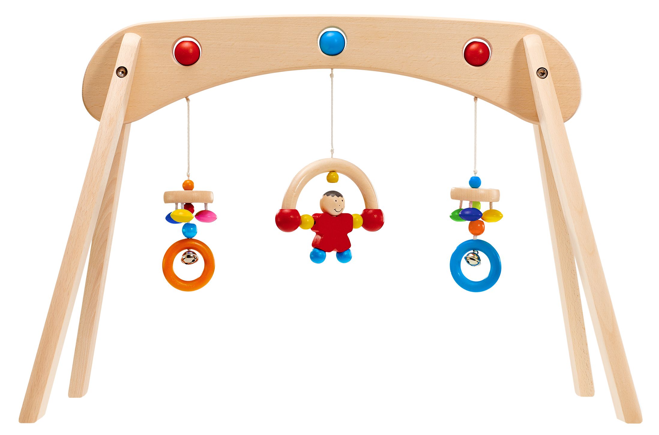 Spieltrapez mit Holzfiguren und bunten Elementen. Bogenförmige Konstruktion mit drei Beinen. Holzspielzeug.
