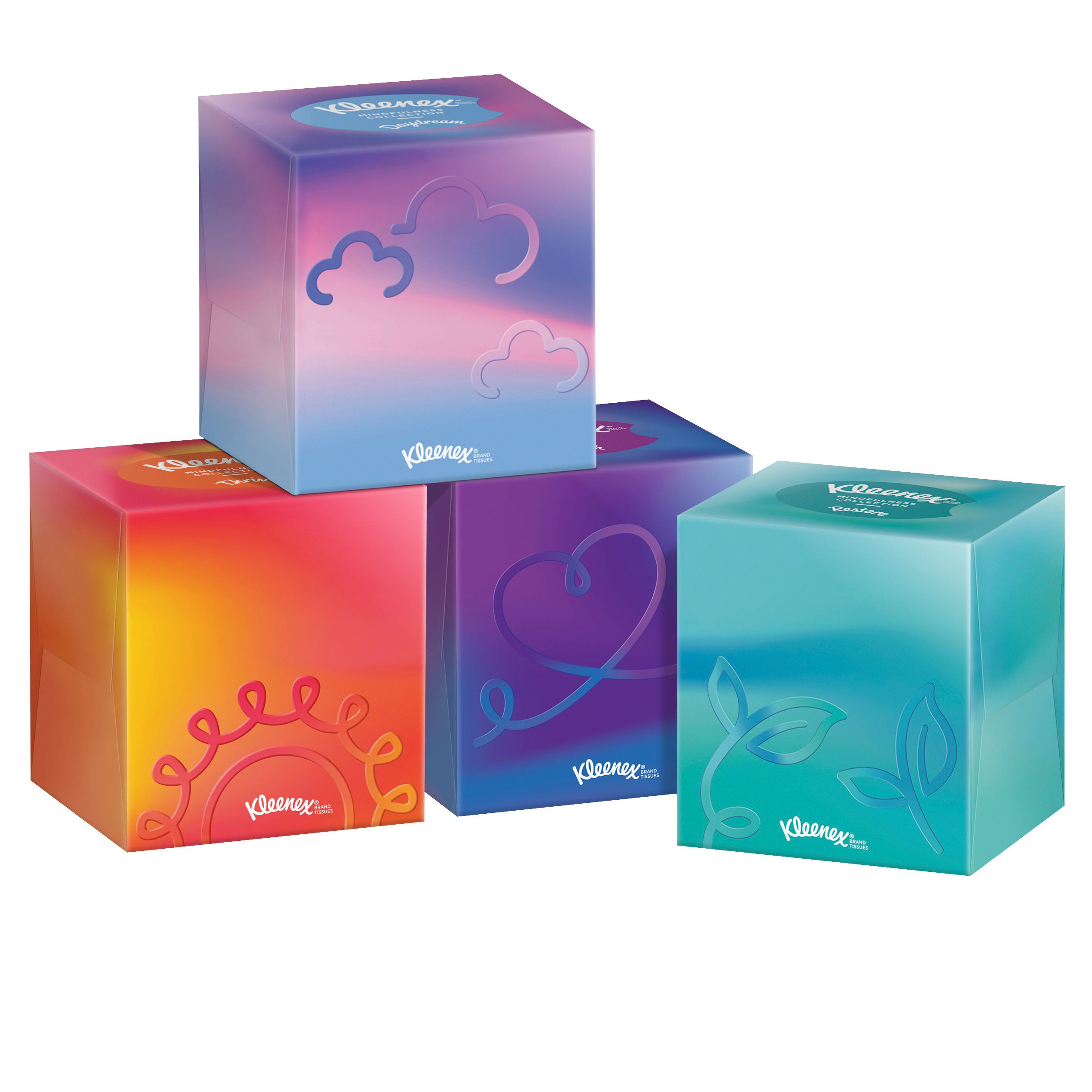 Mehrfarbige Kleenex Collection Boxen. Wolken-, Herz- und Sonnenmotive. Kleenex-Logo. Quadratische Form.