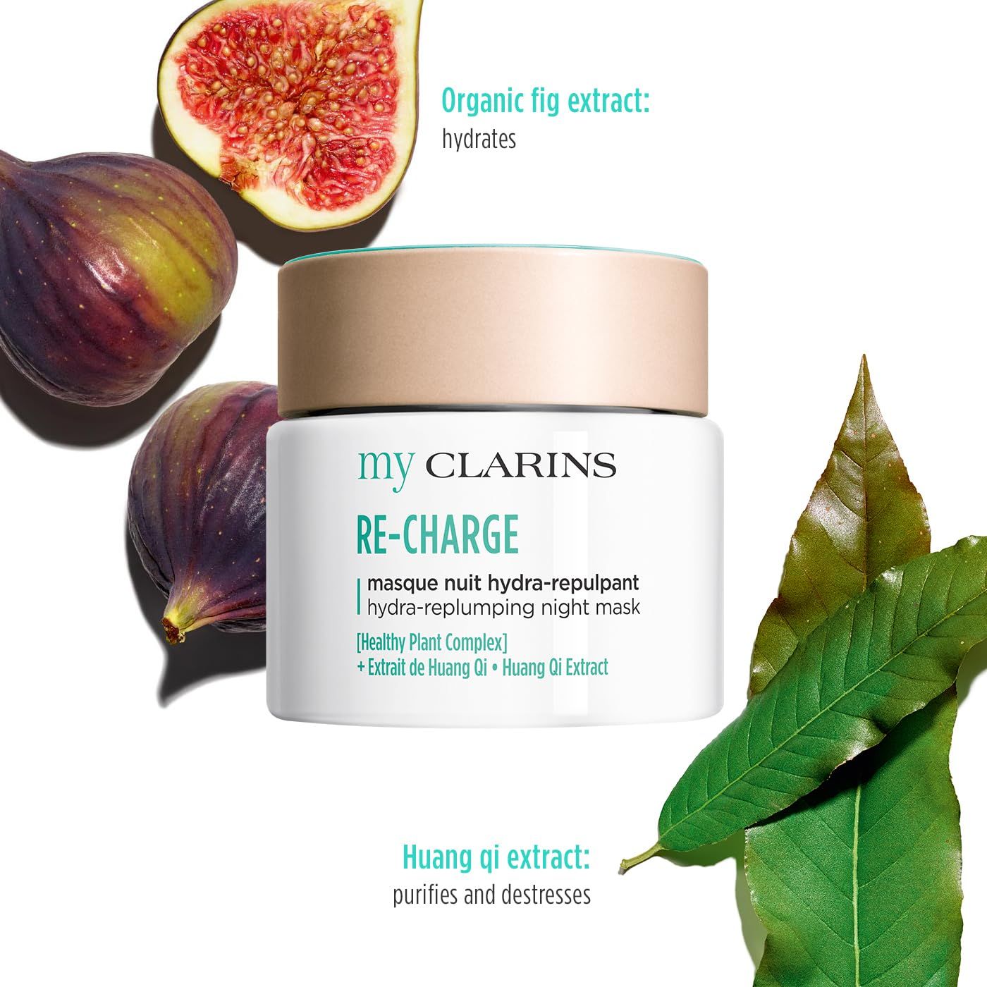 Creme-Tiegel mit Deckel. Text: My Clarins RE-CHARGE, hydra-replumping night mask. Feigen und Blätter.