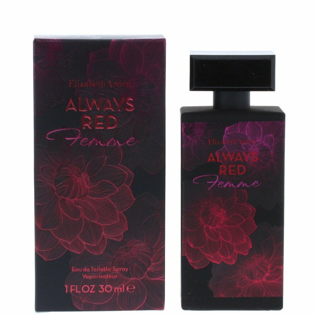 Schwarzer Flakon und Verpackung mit rotem Blumendesign. Text: Always Red Femme, Elizabeth Arden. Eau de Toilette Spray.
