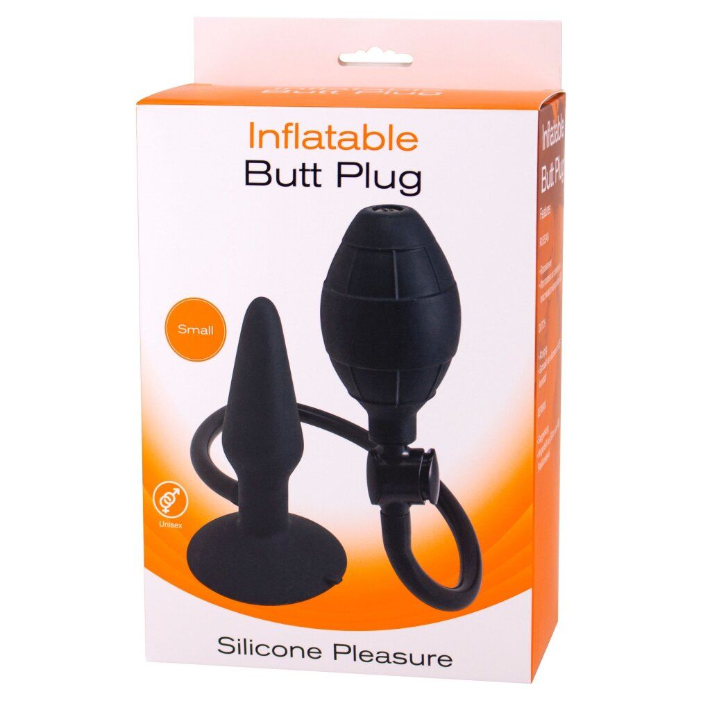 Schwarzer, aufblasbarer Analplug mit Pumpe und Ring. Verpackt in einer Schachtel mit Produktnamen und "Small"-Kennzeichnung.