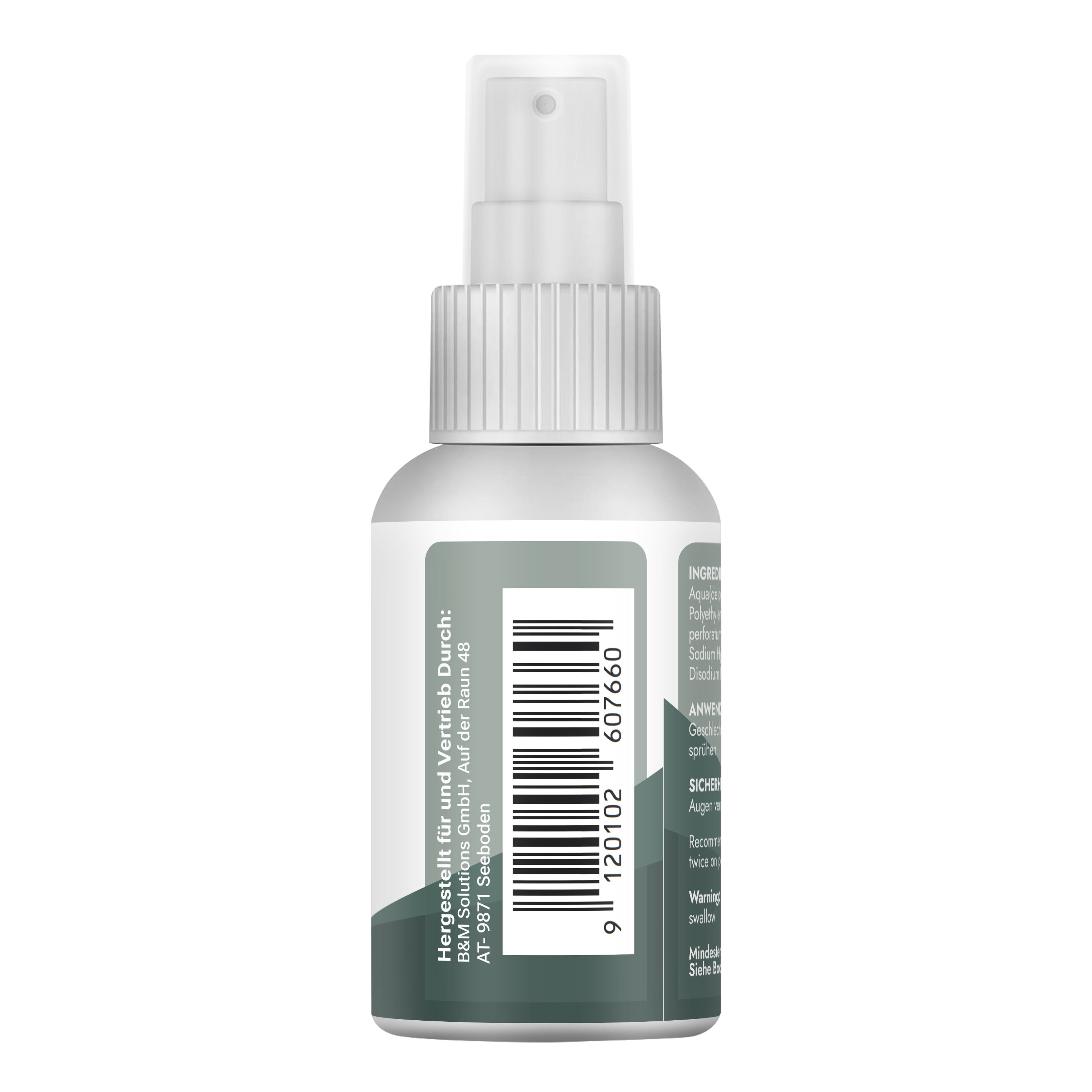 Weiße Sprühflasche. Rückseite mit Barcode und Herstellerinformationen. Text in Deutsch.