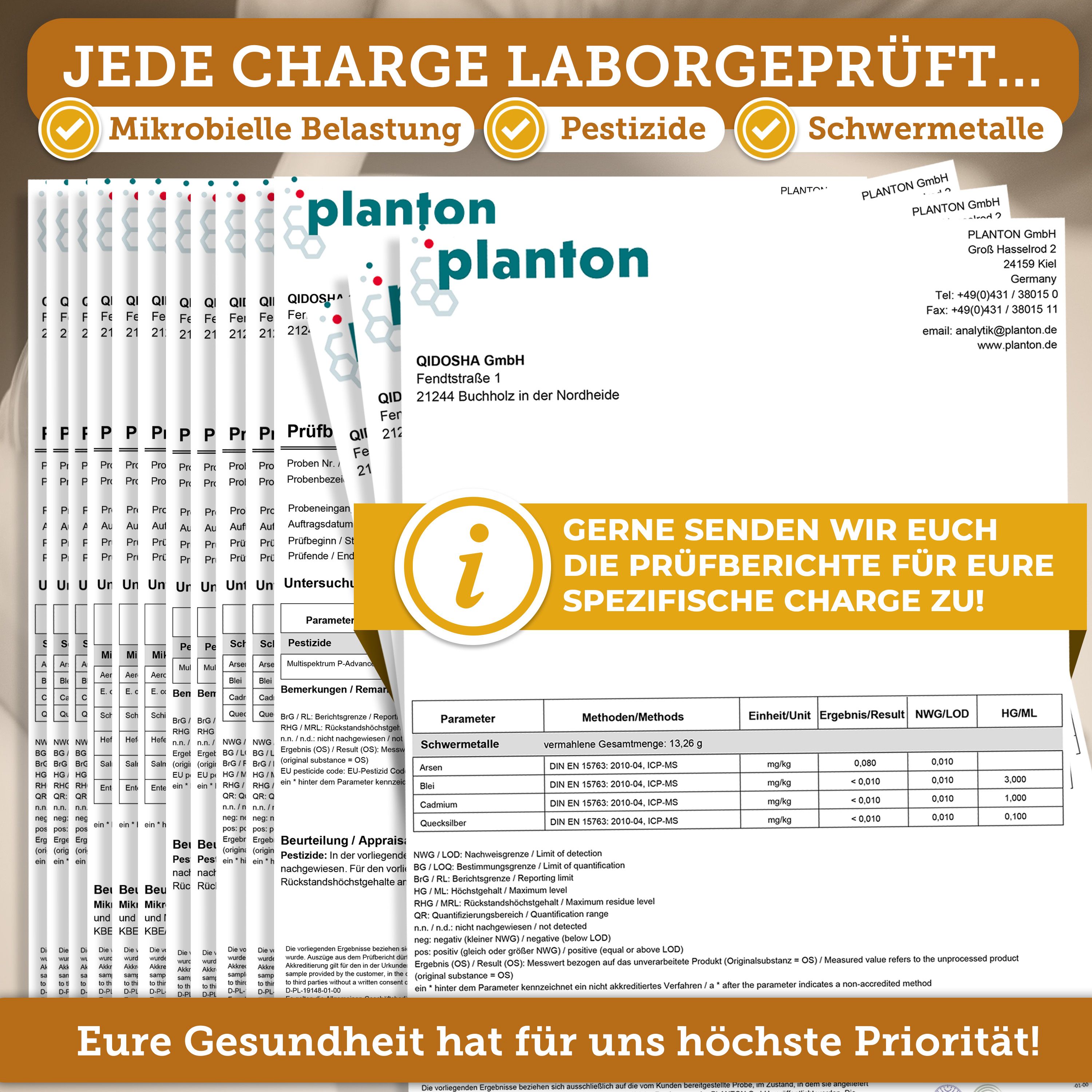 Laborgeprüfte Charge. Zertifikate mit Testergebnissen. Mikrobielle Belastung, Pestizide, Schwermetalle. Gesundheit hat Priorität.