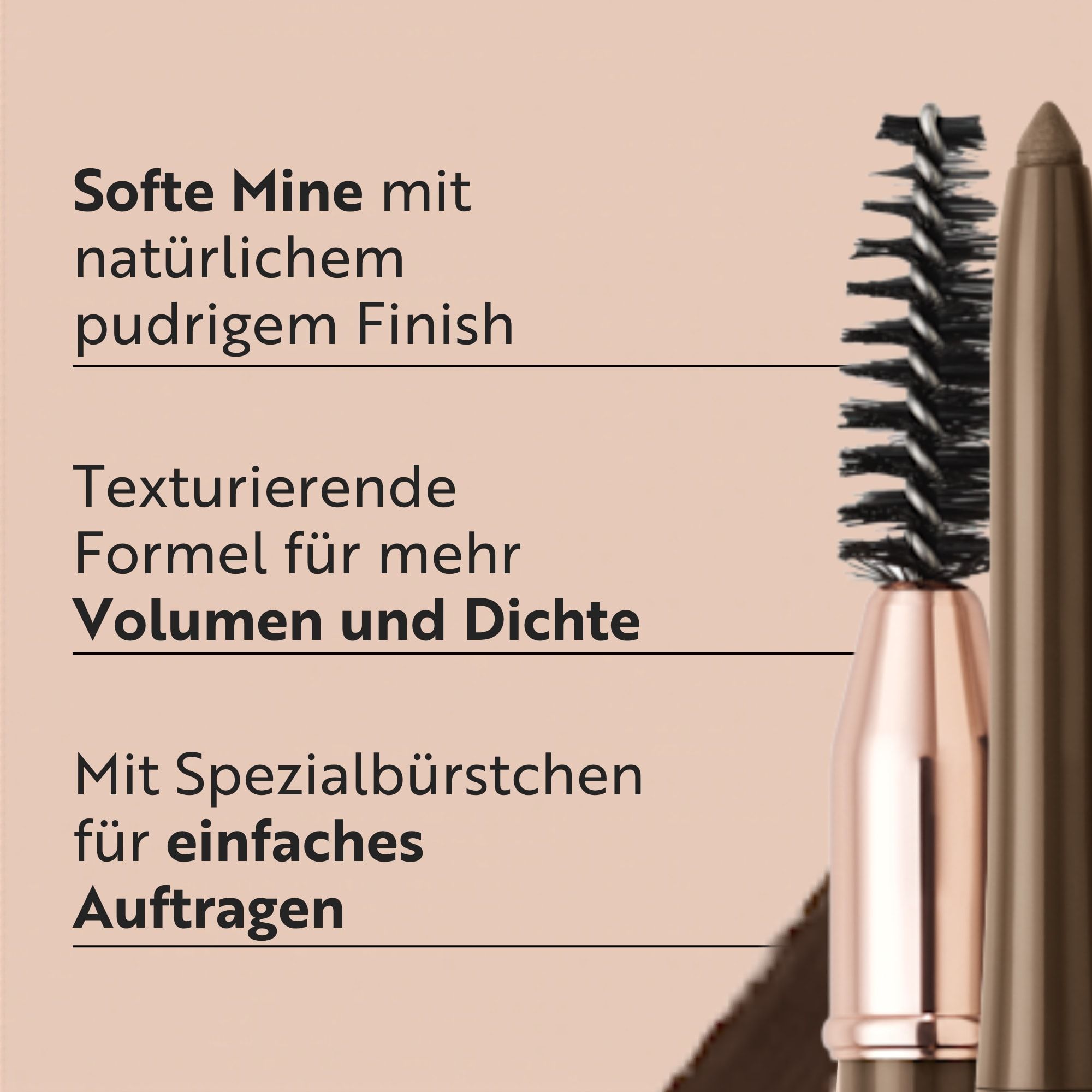 Detailansicht eines Augenbrauenstifts mit Text zu weicher Mine, Textur und Bürste.