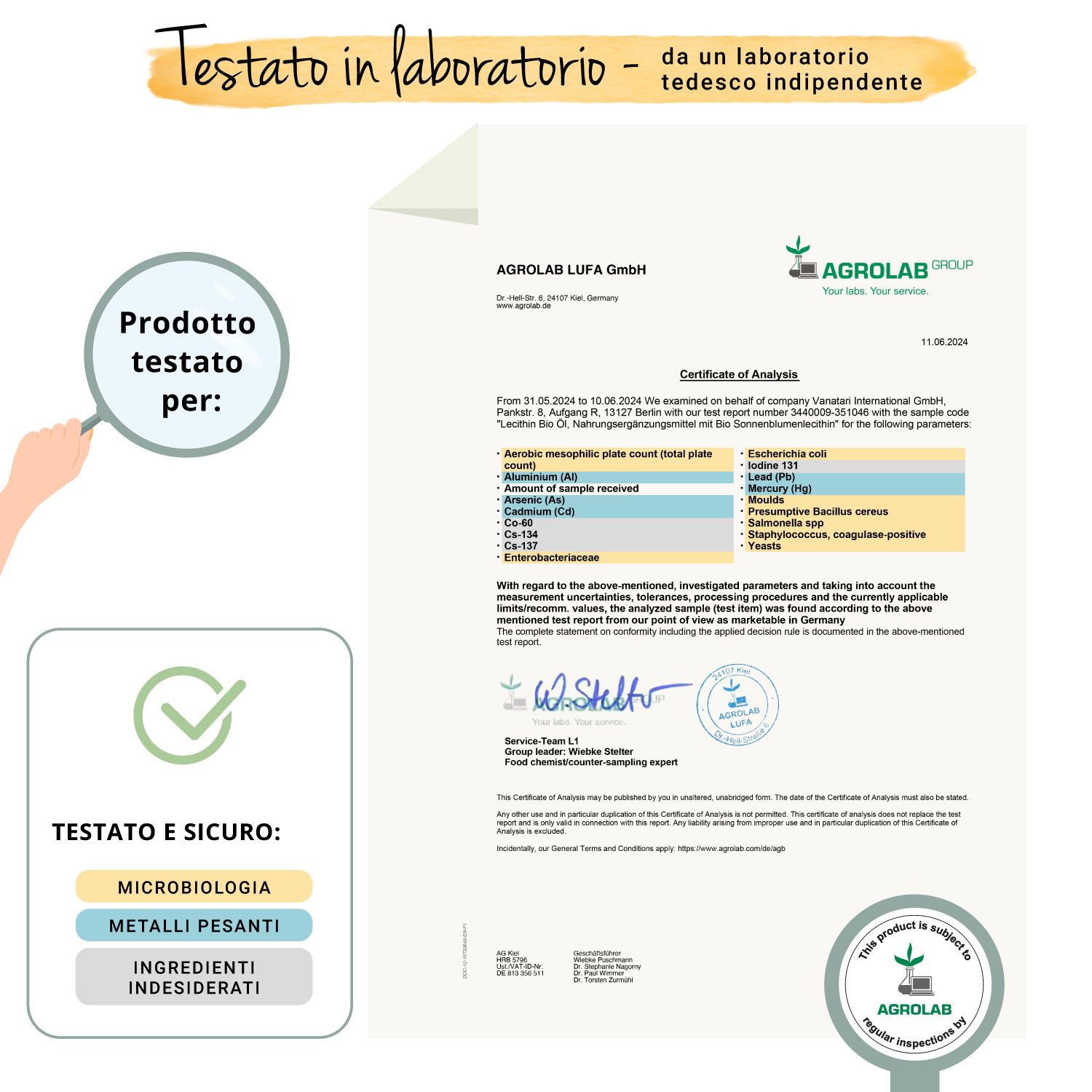 Rapporto di certificazione. Risultati di laboratorio, sigilli di controllo. Testato per microbiologia, pesticidi, metalli pesanti.