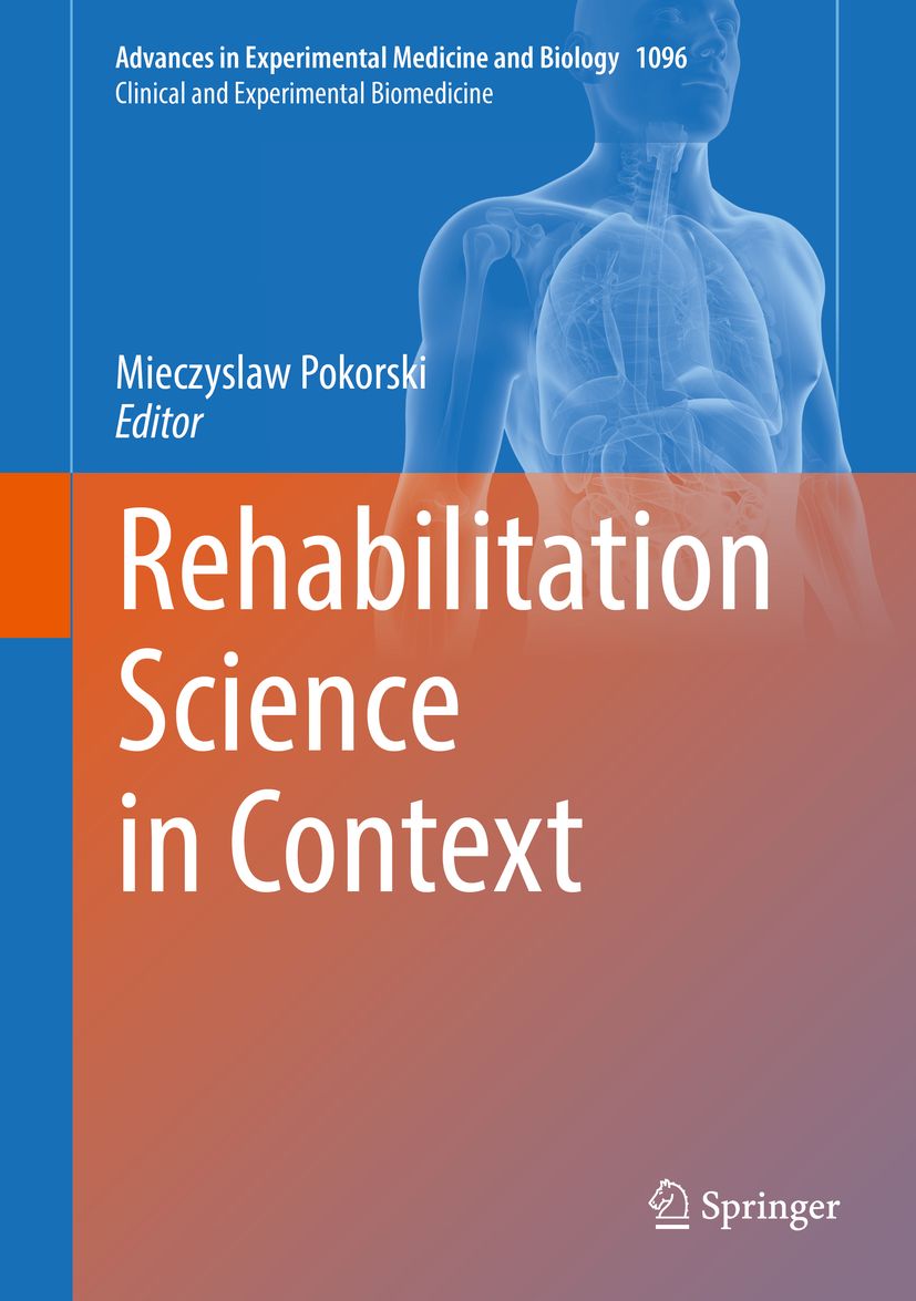 Buchcover: Rehabilitation Science in Context. Herausgeber: Mieczyslaw Pokorski. Verlag: Springer. Titel vor blauem Hintergrund.